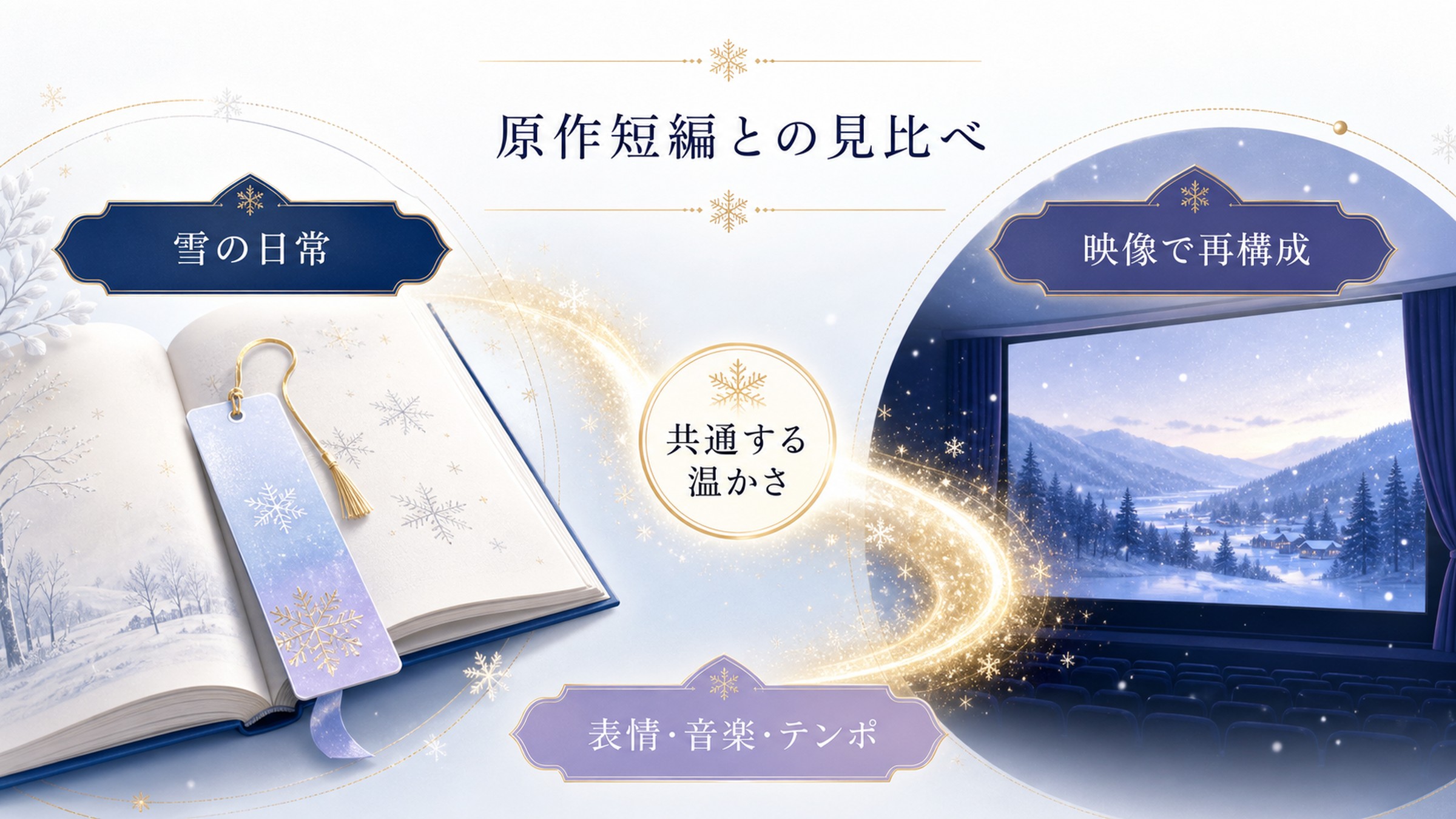 原作短編との違いを雪の日常、映像での再構成、表情・音楽・テンポ、共通する温かさで整理した図解