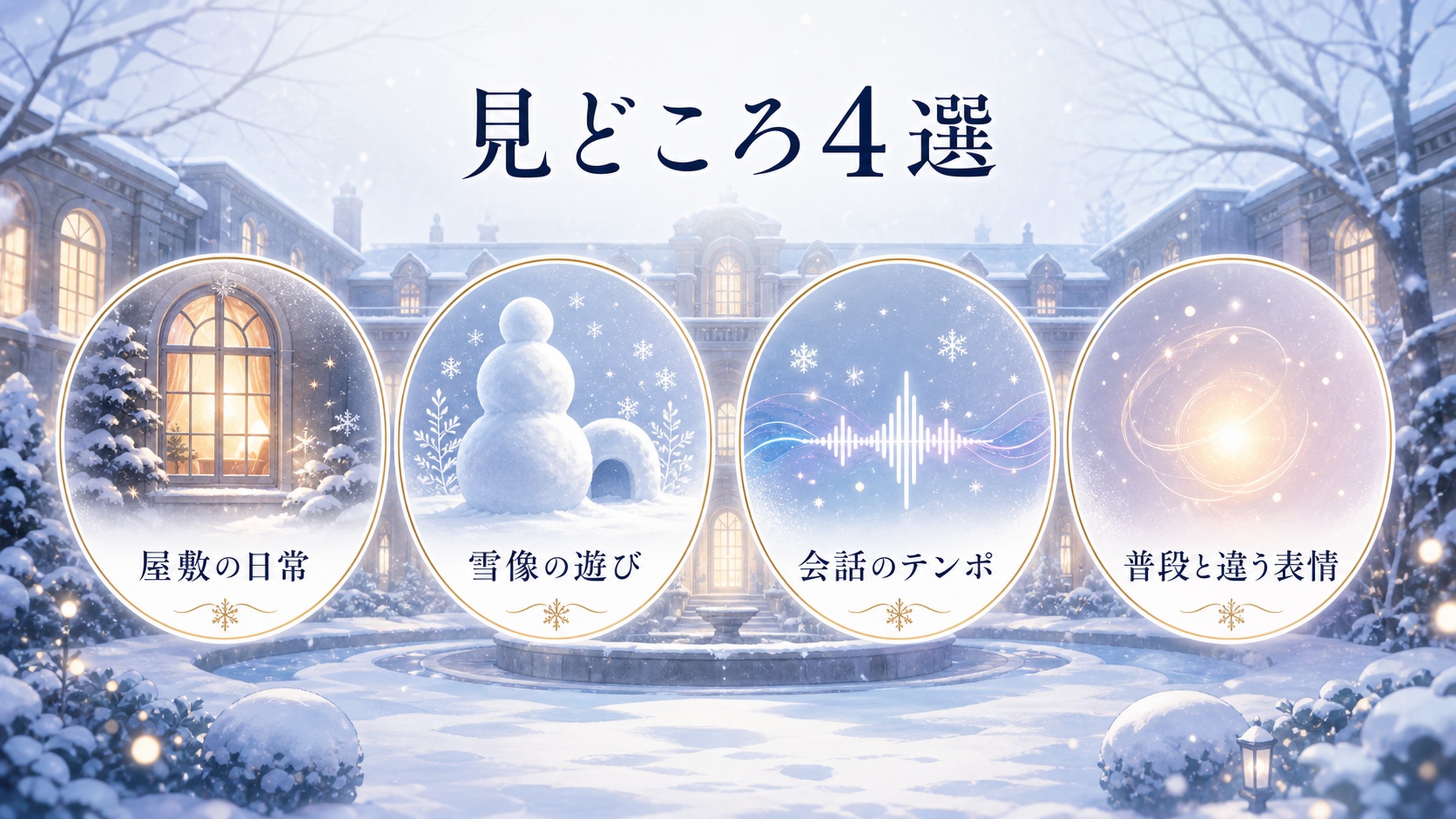 Memory Snowの見どころを屋敷の日常、雪像の遊び、会話のテンポ、普段と違う表情の4つで整理した図解