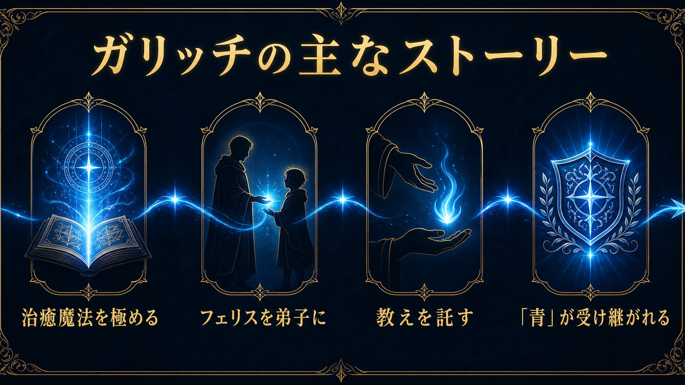 ガリッチの歩みを治癒魔法を極める、フェリスを弟子に、教えを託す、「青」の継承で整理した図解