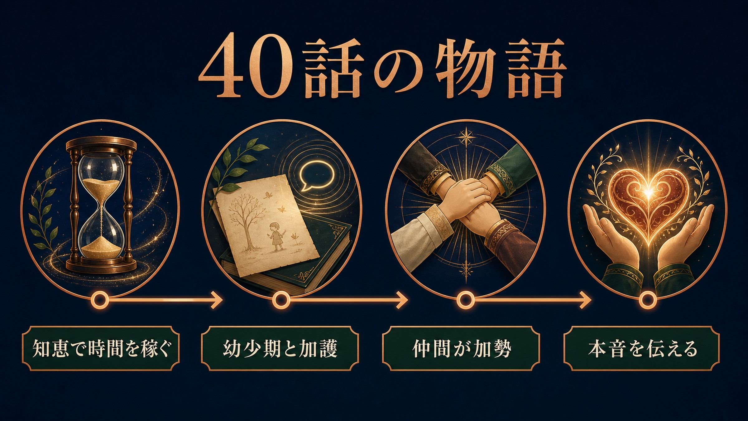 40話の物語を知恵で時間を稼ぐ、幼少期と加護、仲間の加勢、本音を伝えるで整理した図解