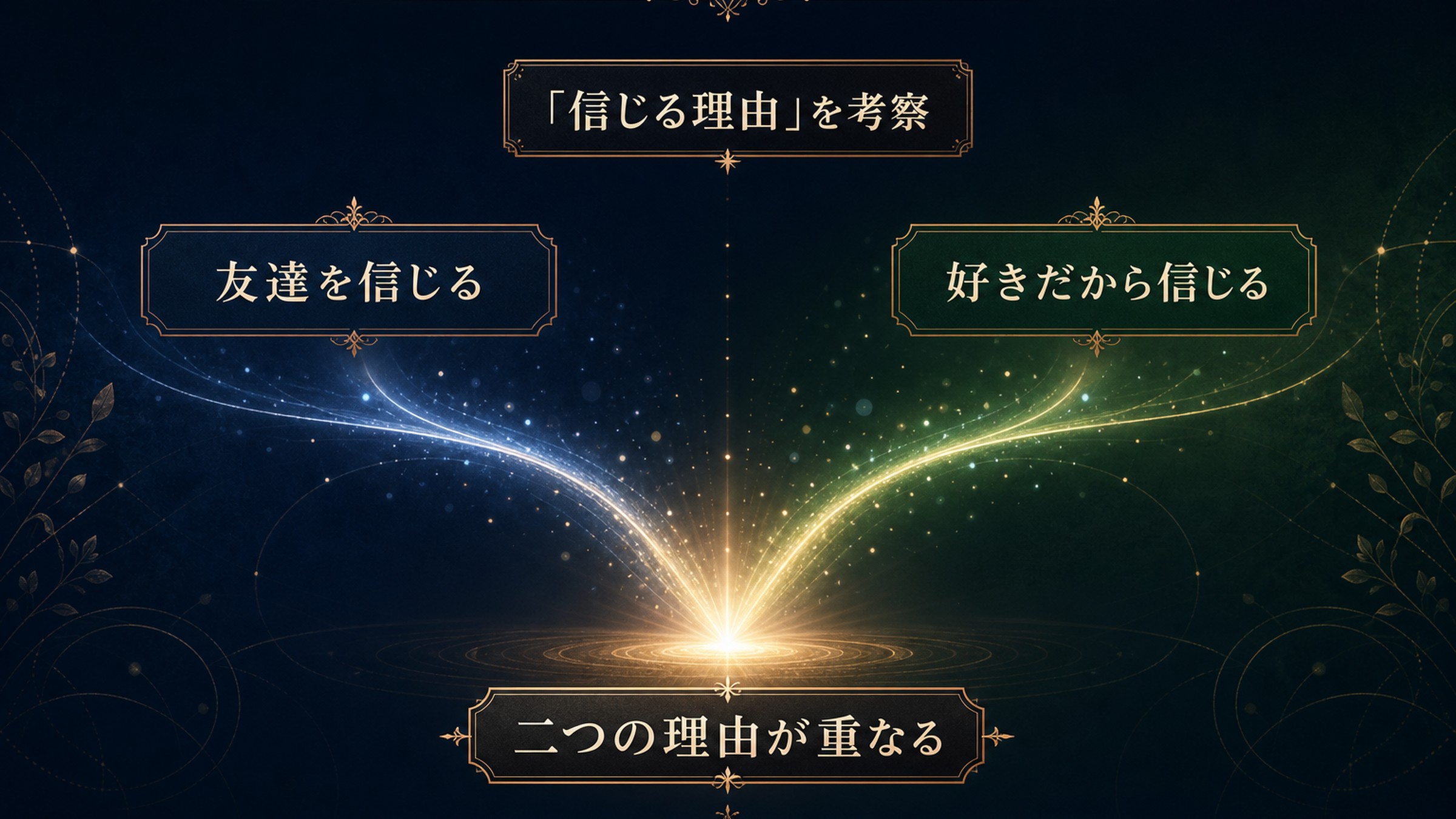 「信じる理由」の考察を友達を信じる、好きだから信じる、二つの理由の重なりで整理した図解