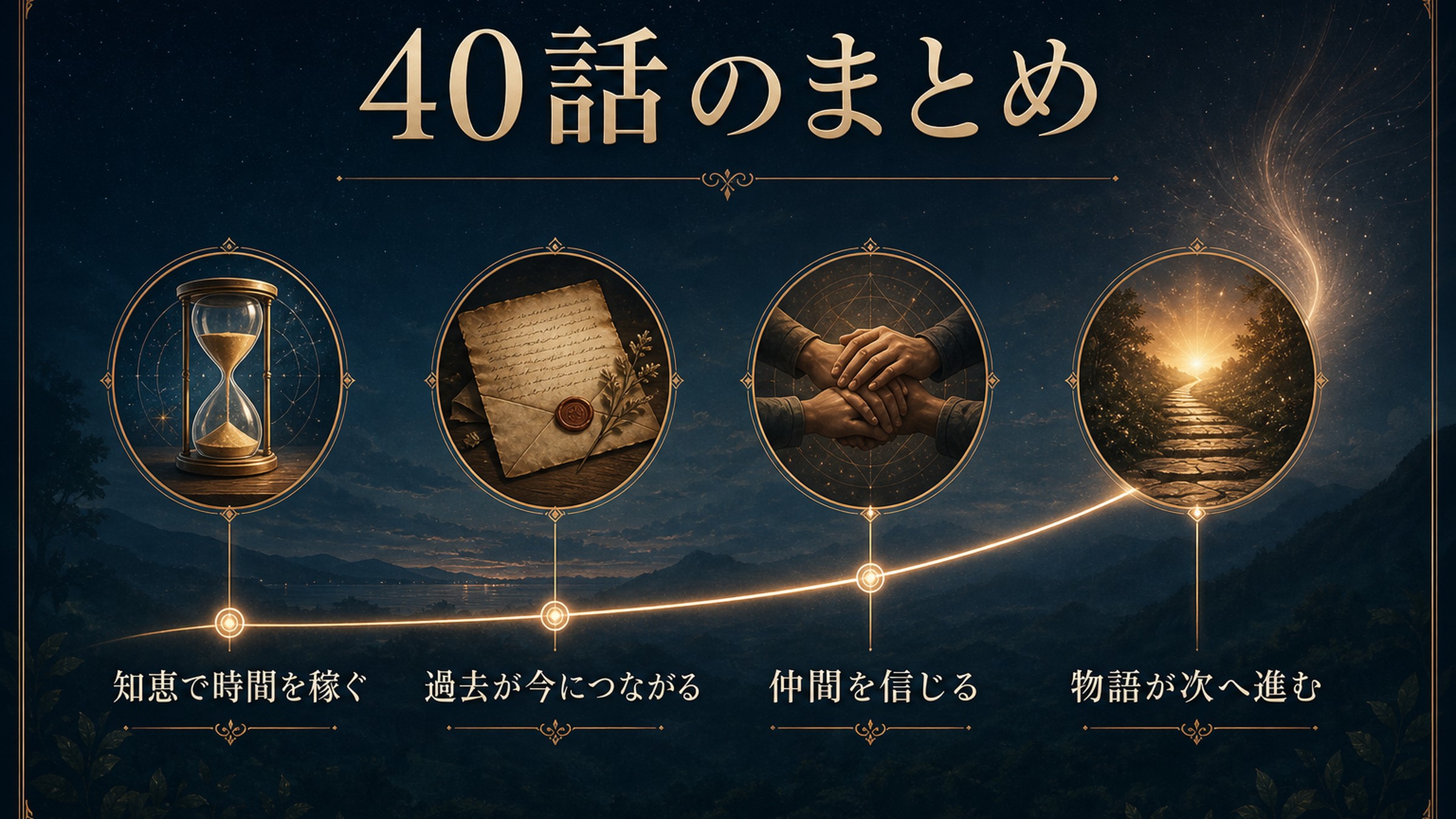 40話のまとめを知恵で時間を稼ぐ、過去と今のつながり、仲間への信頼、物語の前進で整理した図解