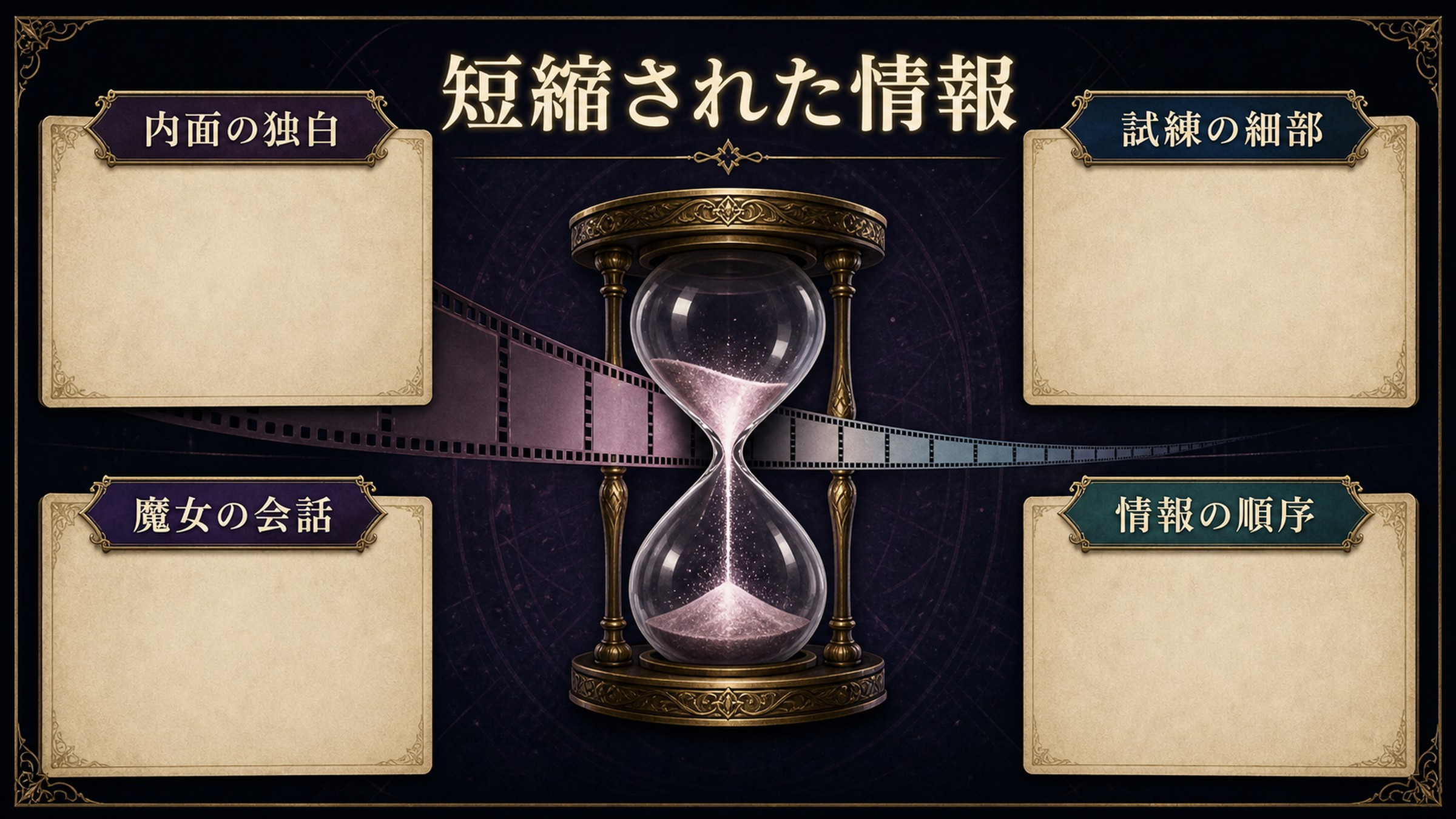 短縮された情報を内面の独白、試練の細部、魔女の会話、情報の順序で整理した図解