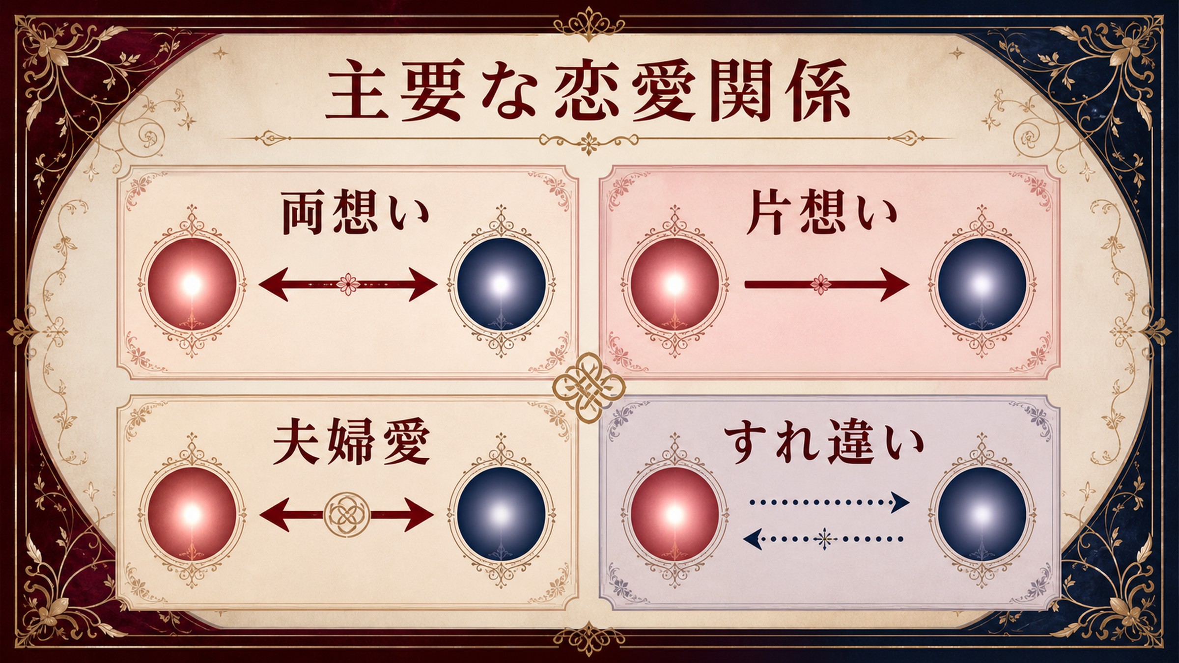 主要な恋愛関係を両想い、片想い、夫婦愛、すれ違いの4種類で整理した図解