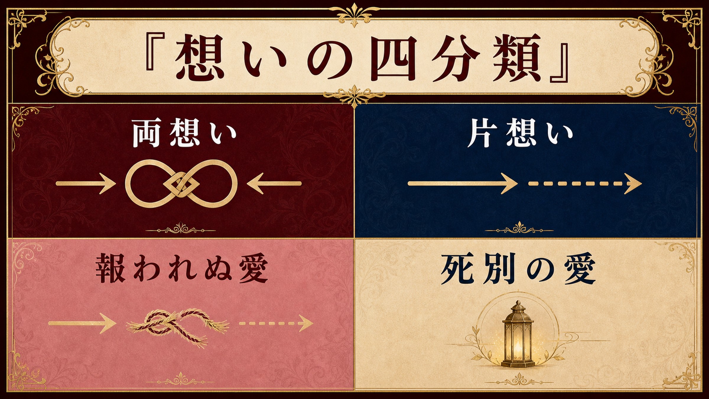 想いの関係を両想い、片想い、報われぬ愛、死別の愛の4分類で整理した図解