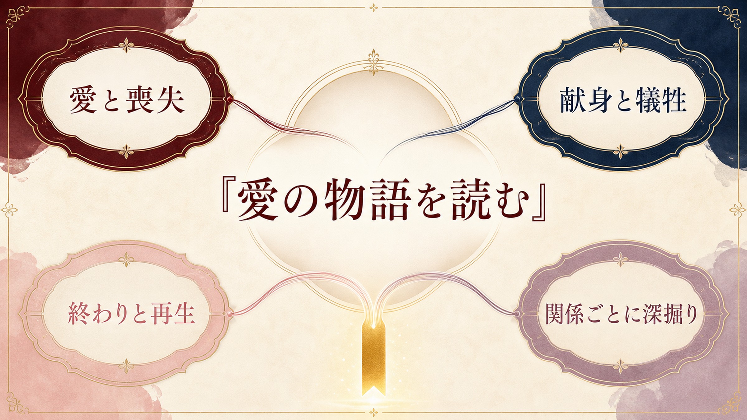 愛の物語を愛と喪失、献身と犠牲、終わりと再生、関係ごとの深掘りで整理した図解