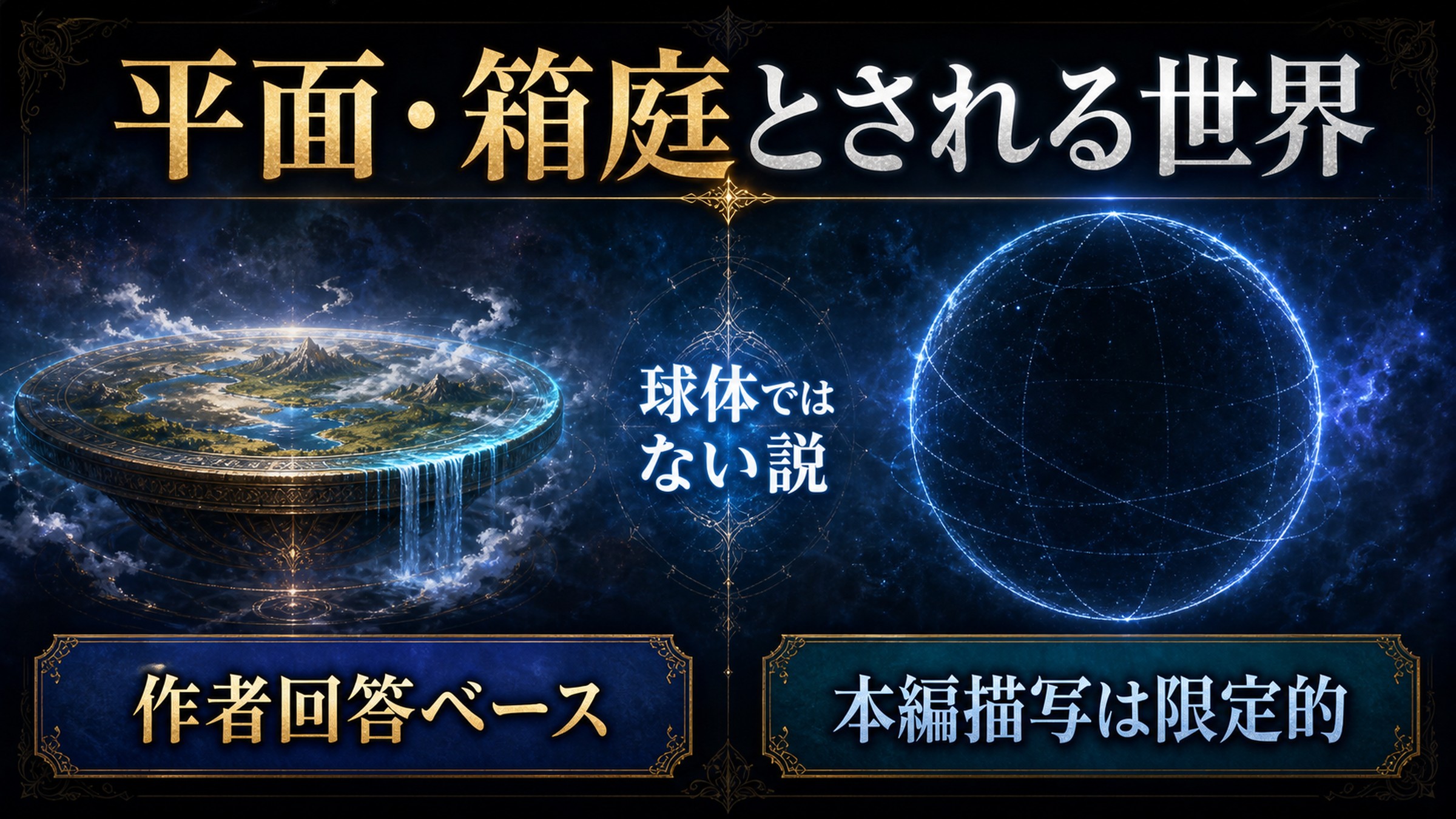 平面・箱庭とされる世界を球体ではない説、作者回答ベース、本編描写は限定的という留保付きで整理した図解