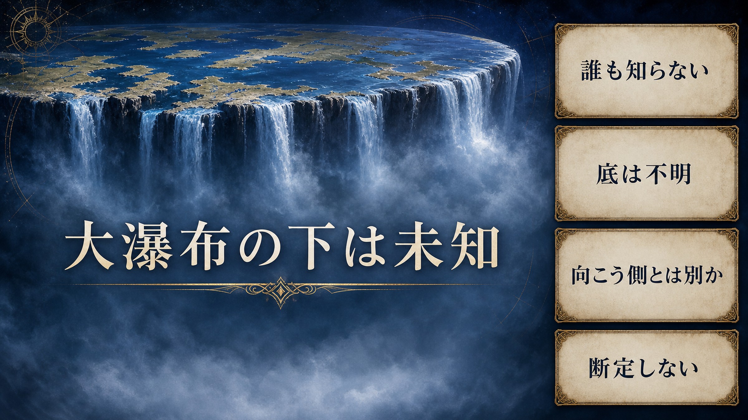 大瀑布の下を誰も知らない、底は不明、向こう側とは別か、断定しないの4点で整理した図解