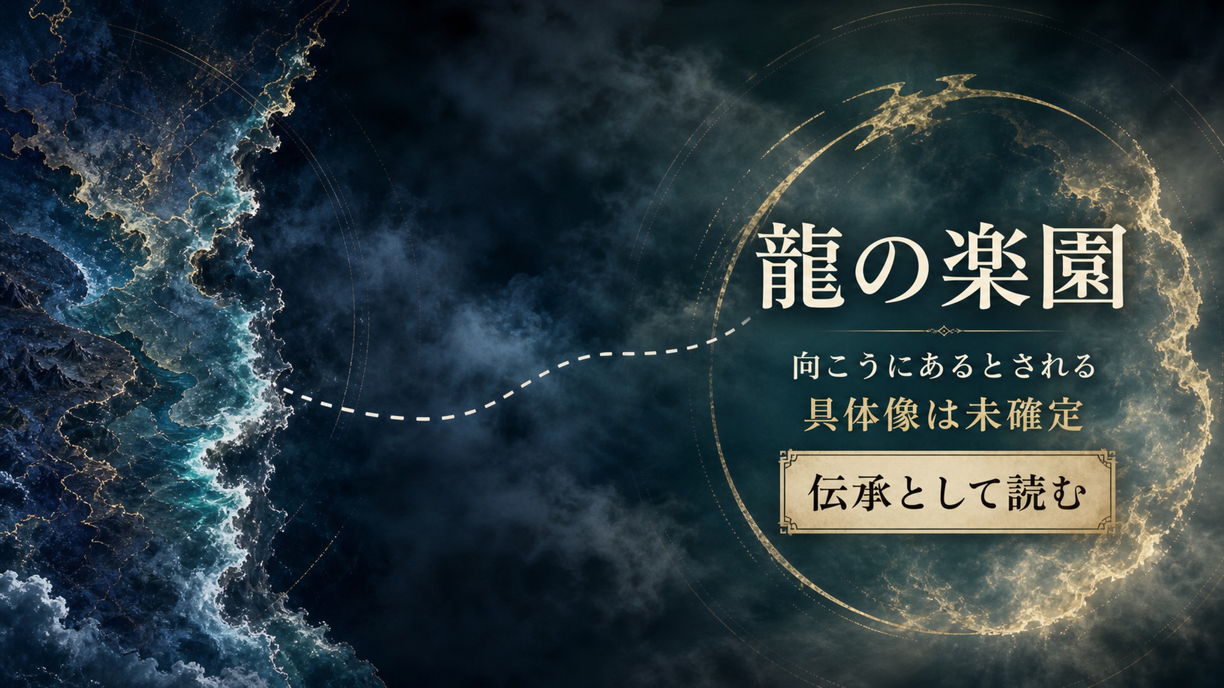 龍の楽園を向こうにあるとされる、具体像は未確定、伝承として読むの3点で整理した図解