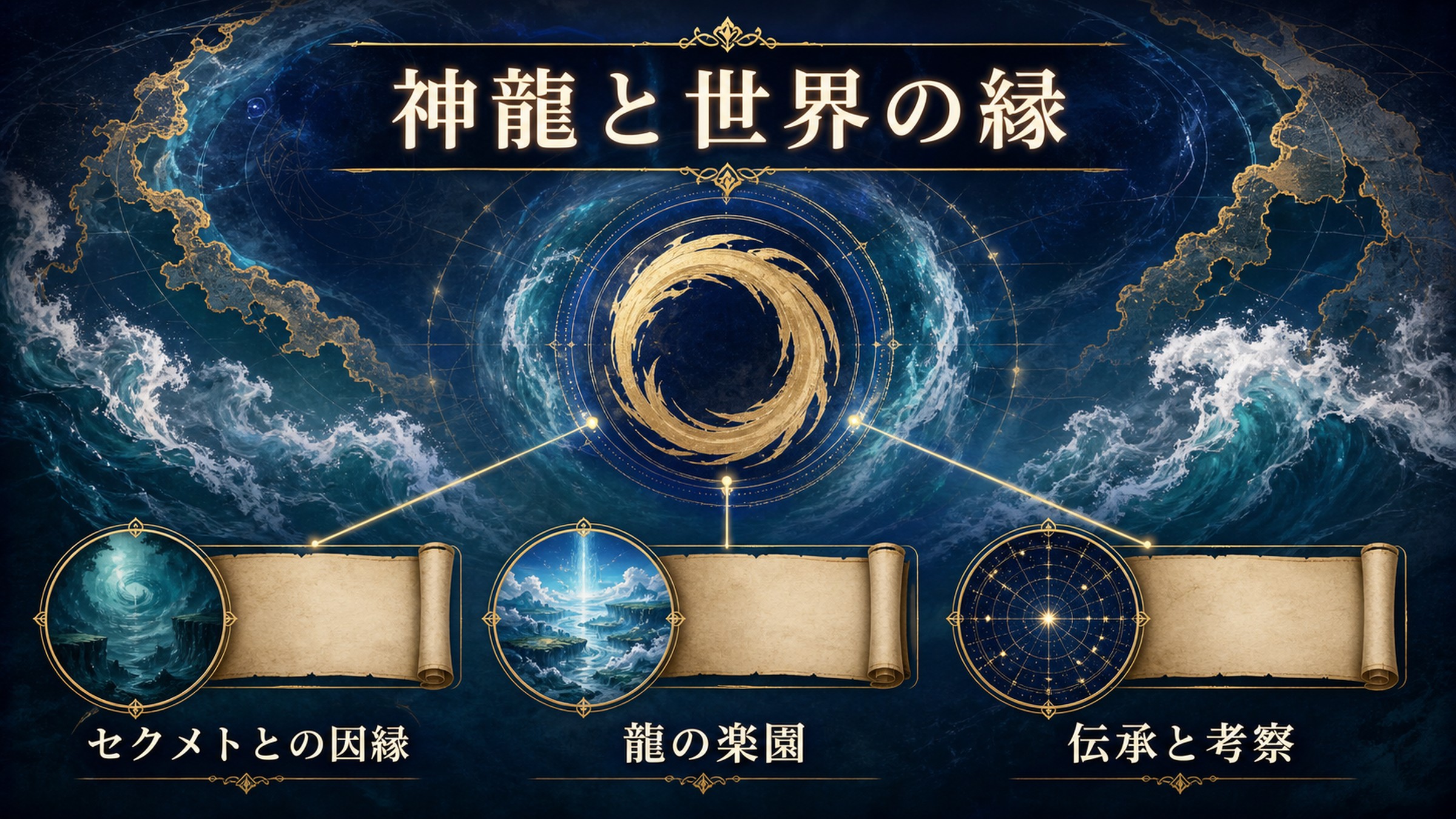 神龍と世界の縁の関係をセクメトとの因縁、龍の楽園、伝承と考察で整理した図解
