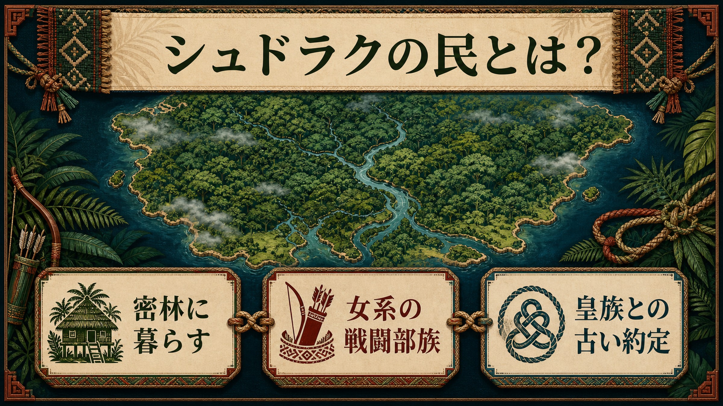 シュドラクの民を密林に暮らす女系の戦闘部族、皇族との古い約定で整理した図解
