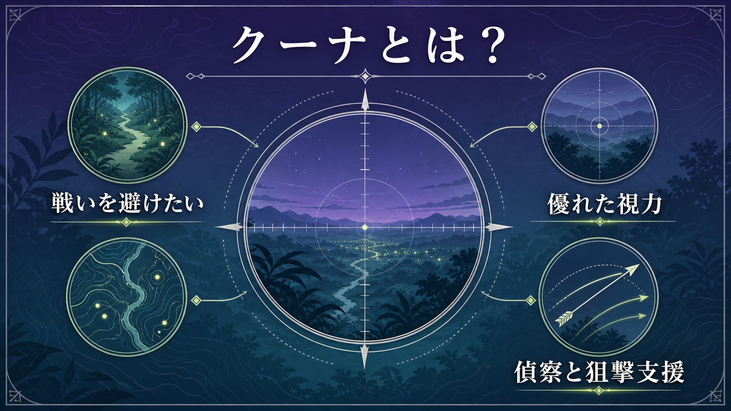 クーナの人物像を戦いを避けたい価値観、優れた視力、偵察と狙撃支援で整理した図解