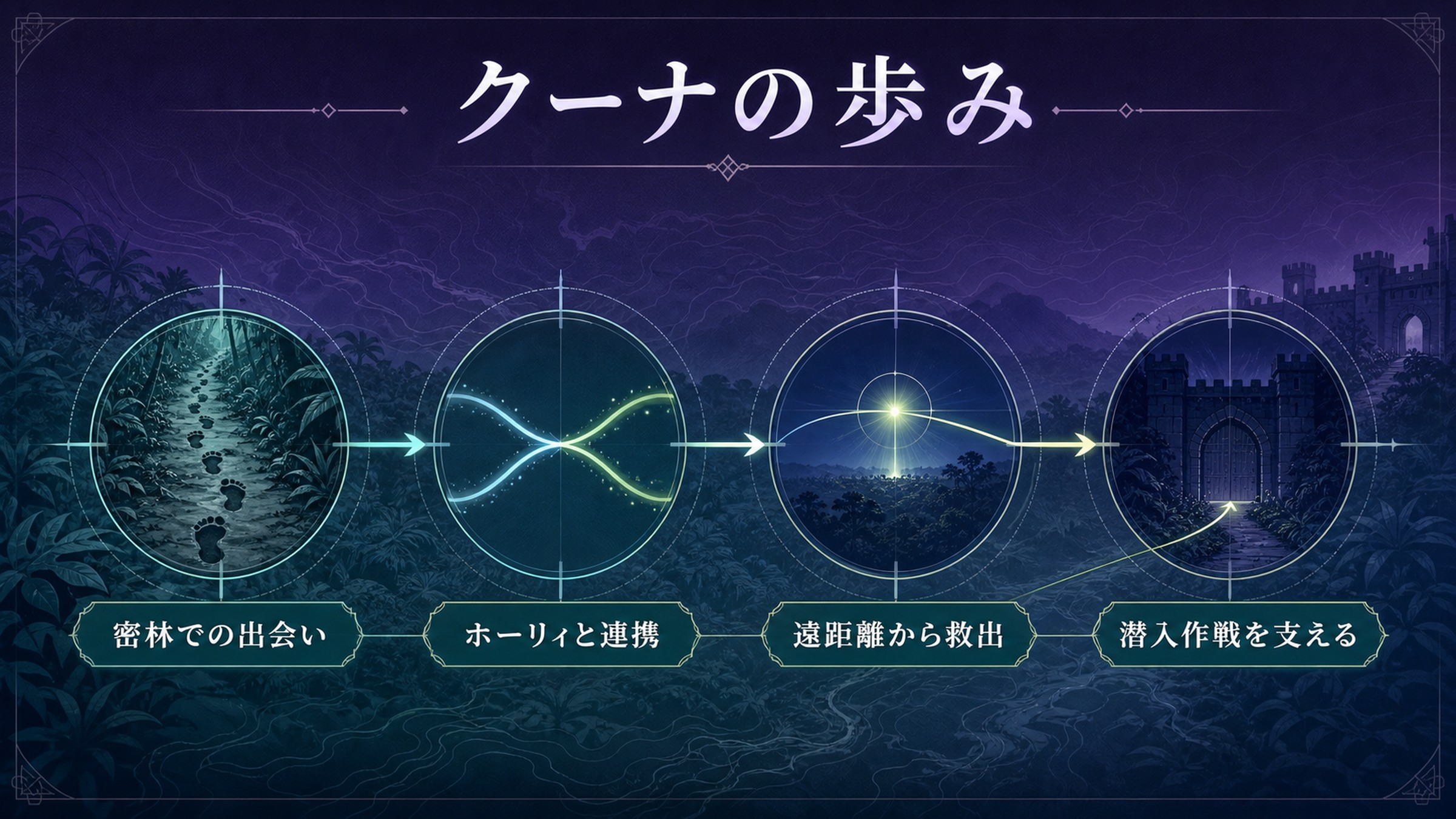 クーナの歩みを密林での出会い、ホーリィとの連携、遠距離からの救出、潜入作戦の支援で整理した図解