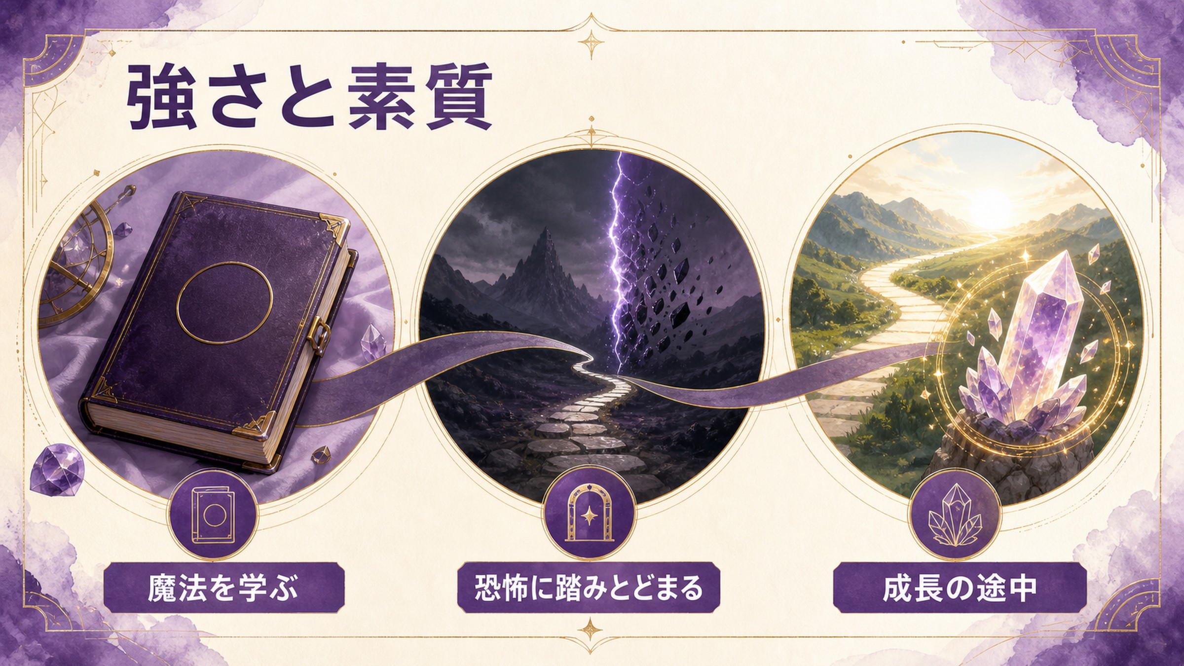 パルミラの強さと素質を魔法を学ぶ、恐怖に踏みとどまる、成長の途中で整理した図解