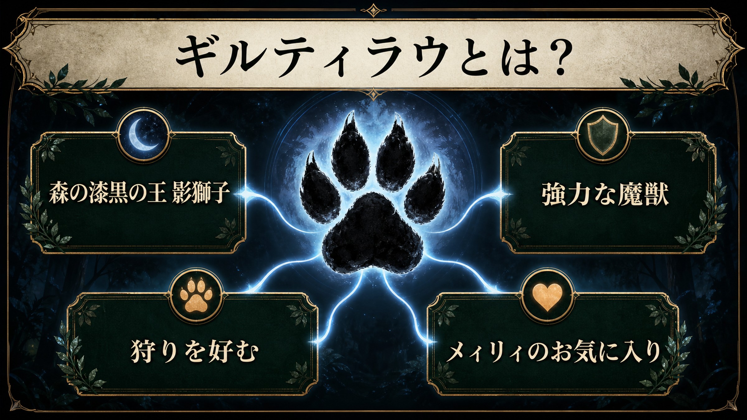 ギルティラウの特徴を森の漆黒の王・影獅子、強力な魔獣、狩りを好む、メィリィのお気に入りで整理した図解