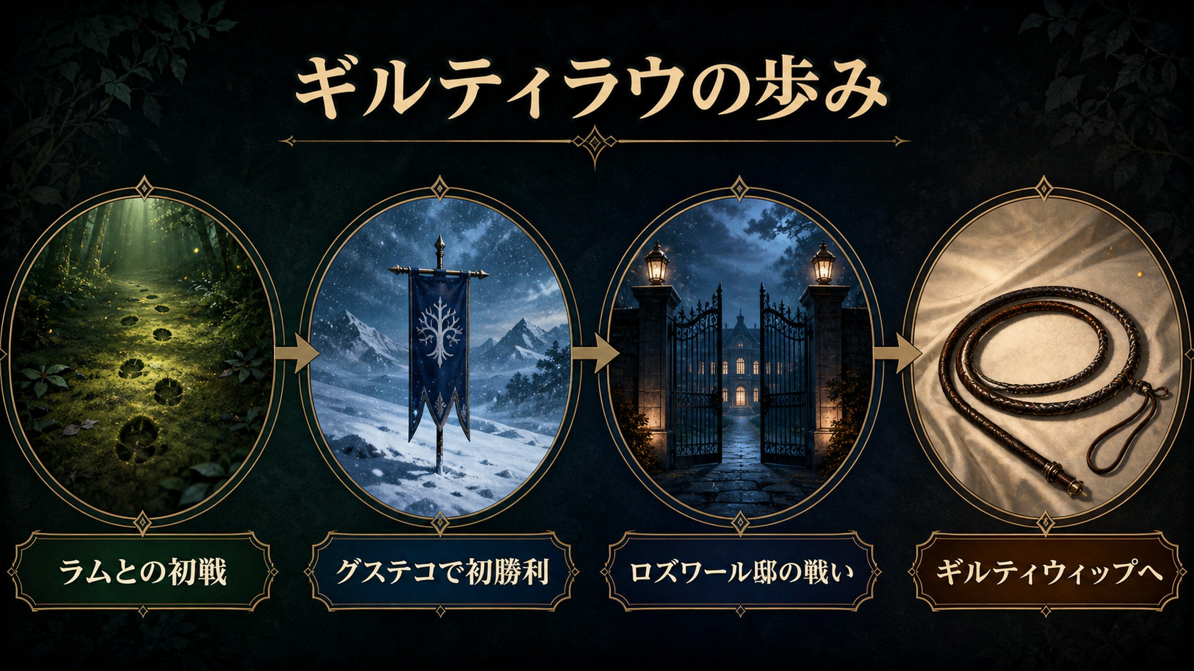 ギルティラウの歩みをラムとの初戦、グステコで初勝利、ロズワール邸の戦い、ギルティウィップへで整理した図解