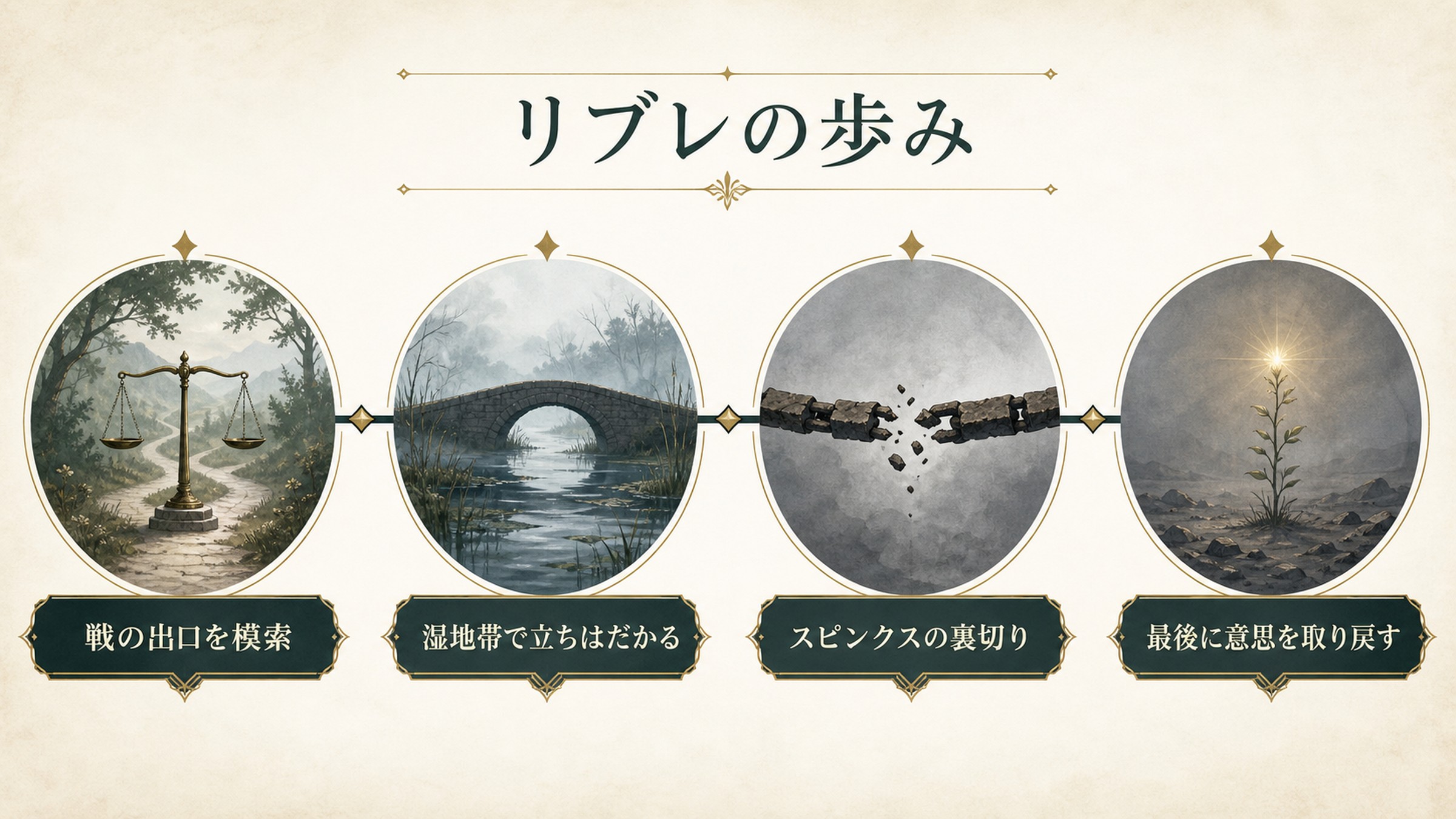 リブレ・フエルミの歩みを戦の出口を模索、湿地帯で立ちはだかる、スピンクスの裏切り、最後に意思を取り戻すで整理した図解