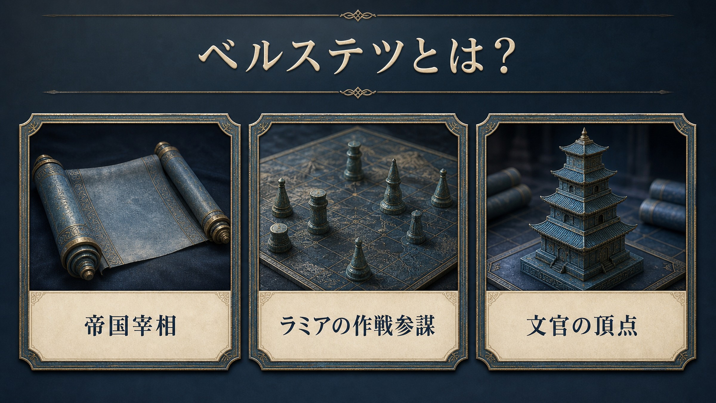 ベルステツの人物像を帝国宰相、ラミアの作戦参謀、文官の頂点で整理した図解
