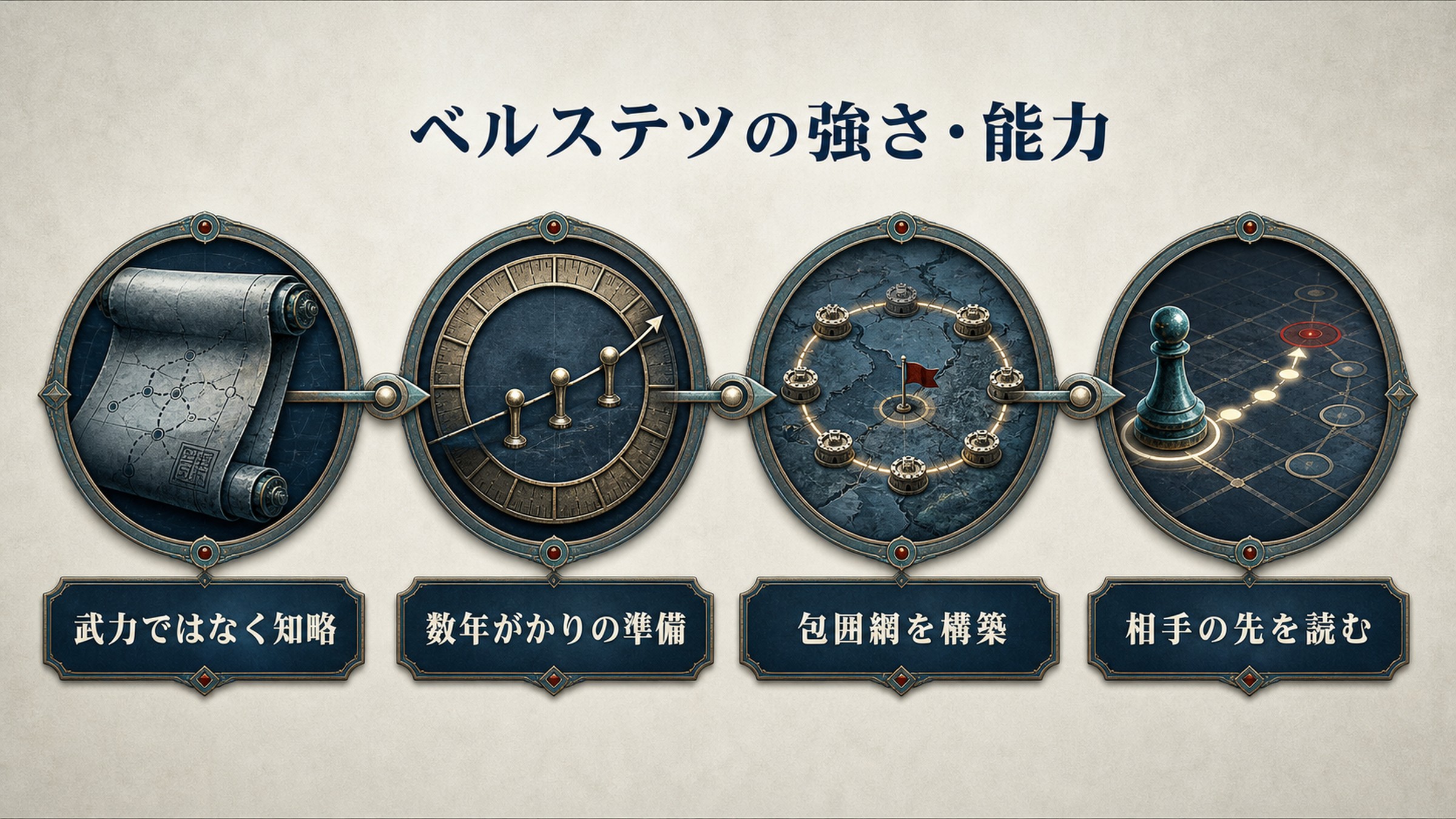 ベルステツの強さを武力ではなく知略、数年がかりの準備、包囲網を構築、相手の先を読むで整理した図解