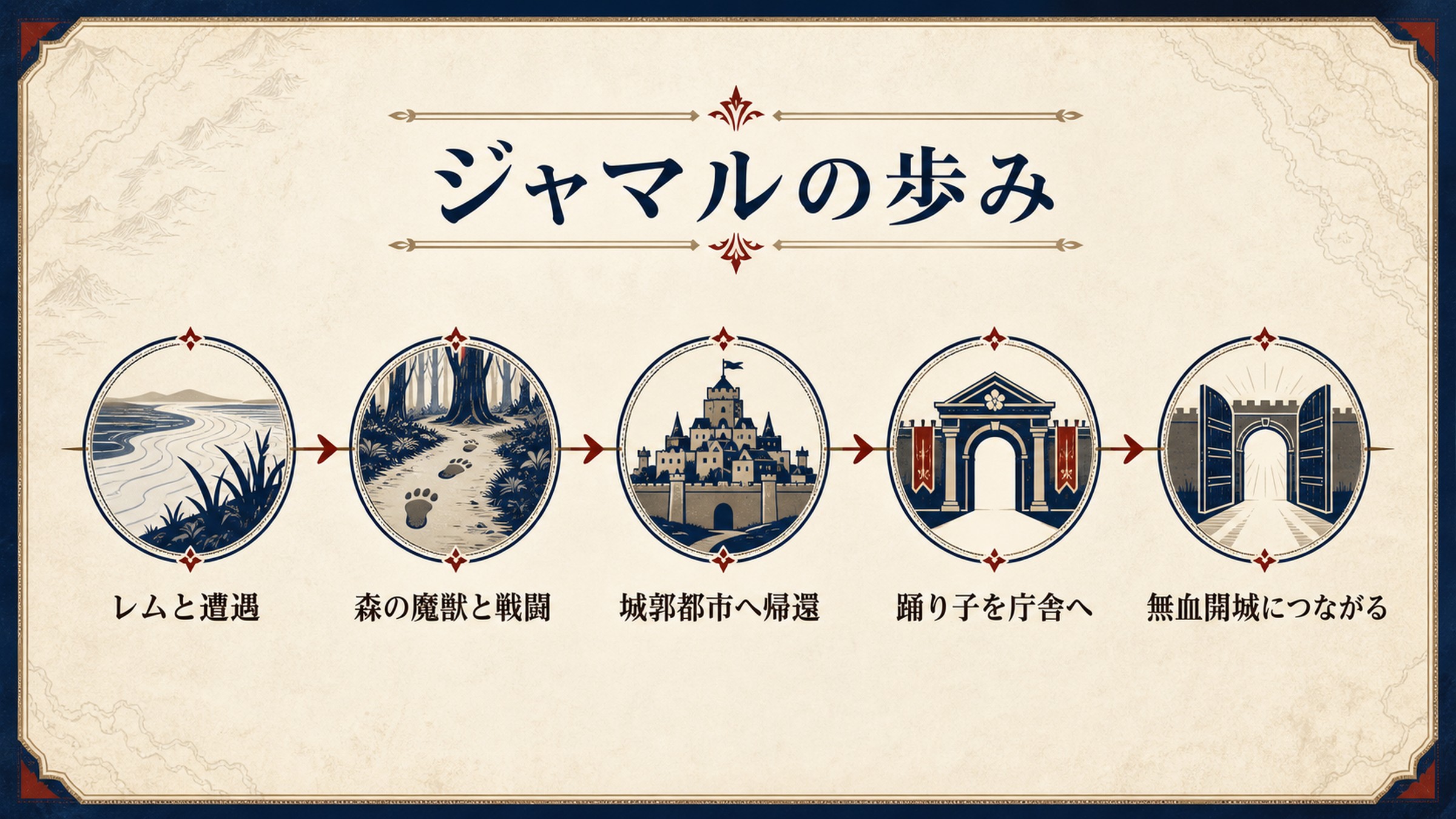 ジャマルの歩みをレムとの遭遇、森の魔獣との戦闘、城郭都市への帰還、踊り子を庁舎へ案内、無血開城につながる流れで整理した図解