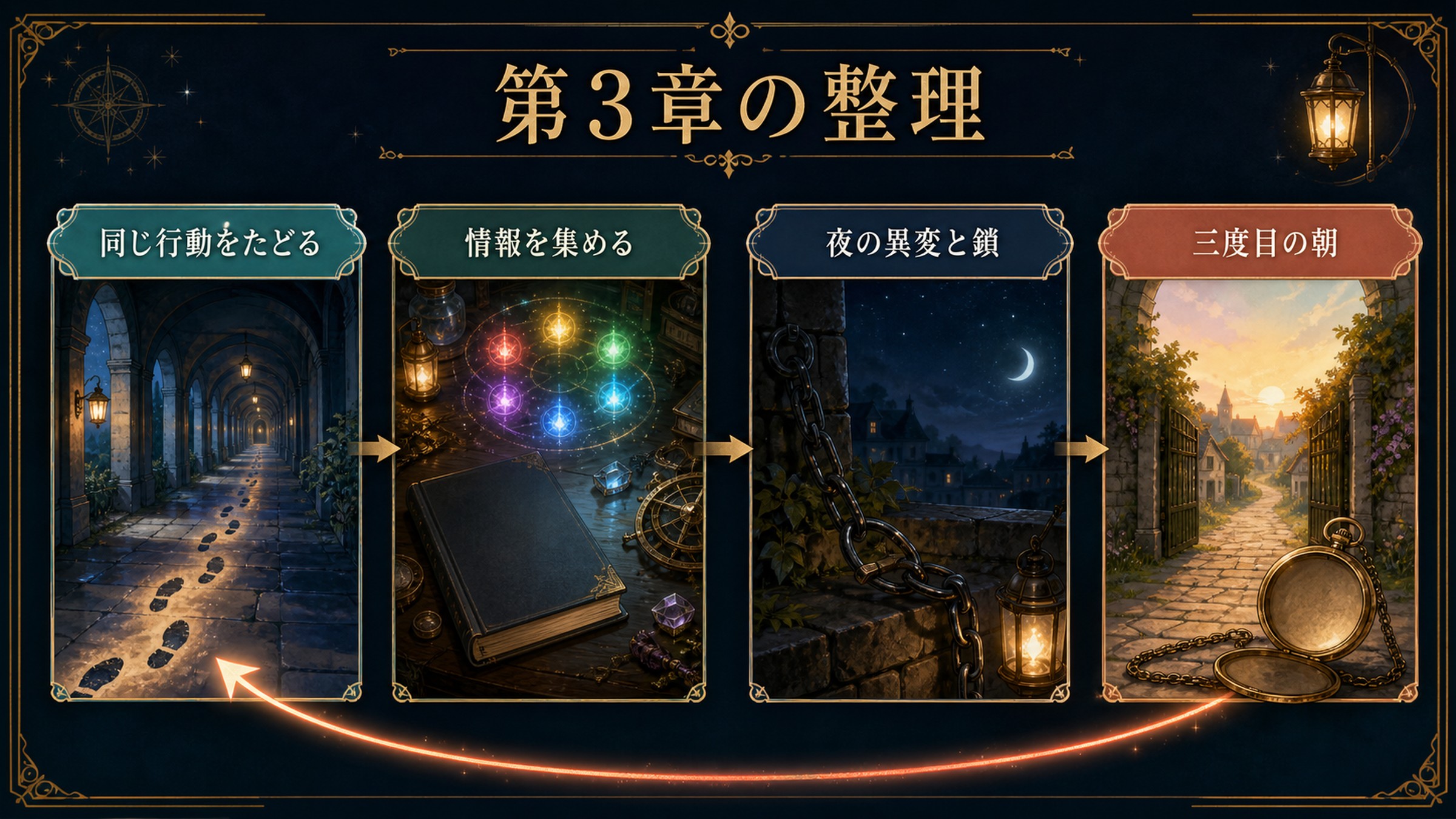 リゼロ小説2巻第3章を同じ行動をたどる、情報を集める、夜の異変と鎖、三度目の朝で整理した図解