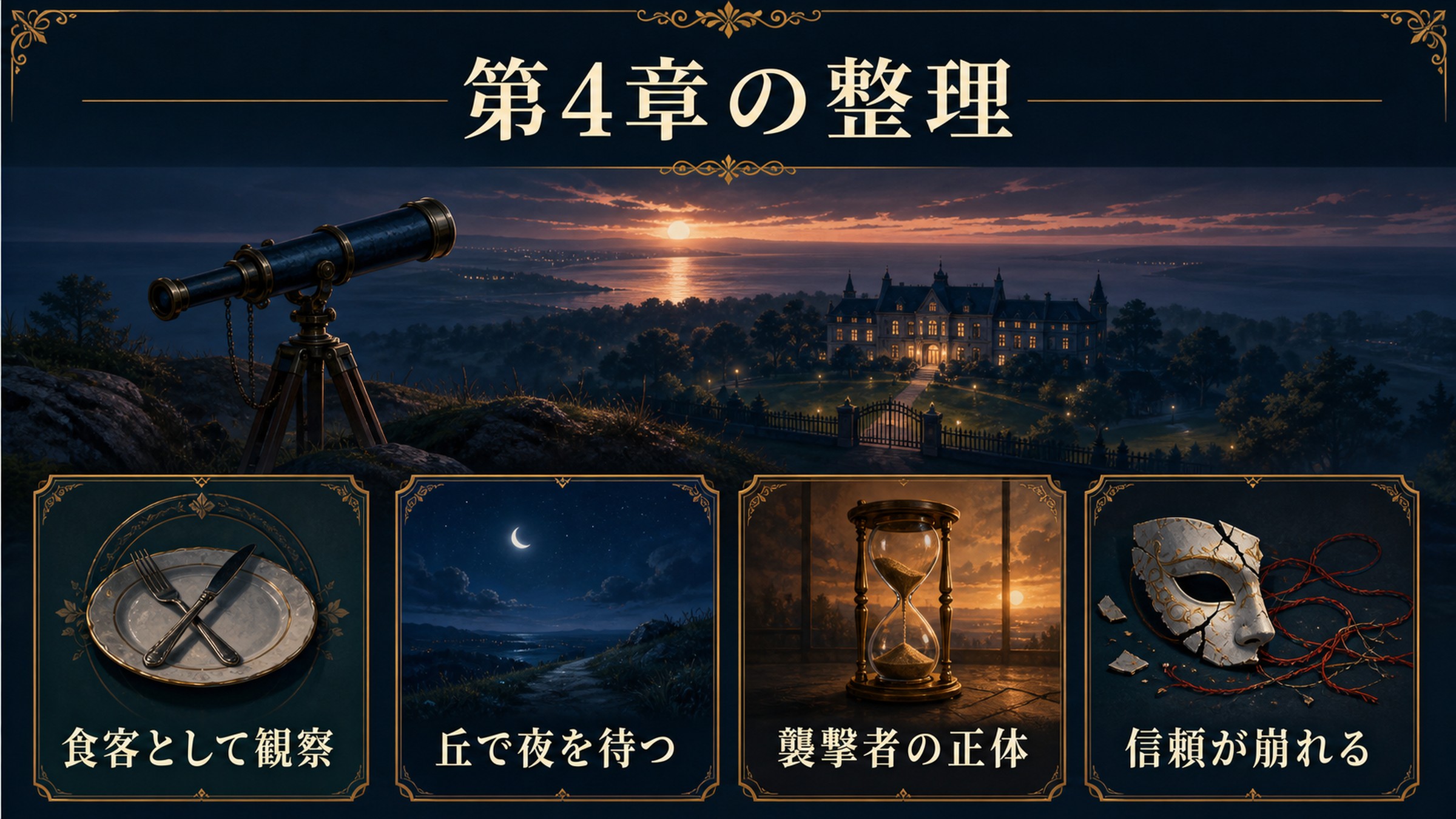 リゼロ小説2巻第4章を食客として観察、丘で夜を待つ、襲撃者の正体、信頼が崩れるで整理した図解