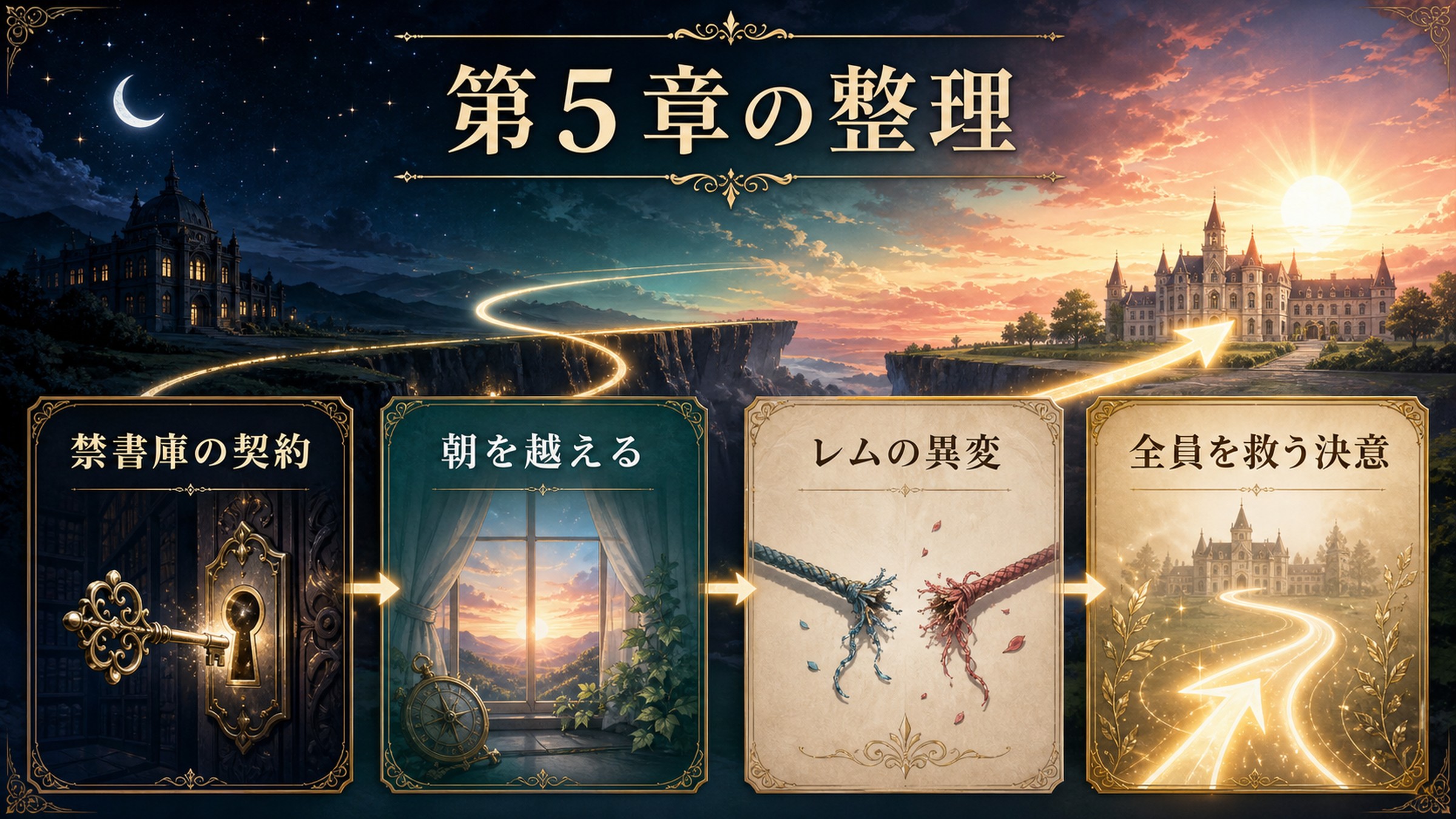 リゼロ小説2巻第5章を禁書庫の契約、朝を越える、レムの異変、全員を救う決意で整理した図解