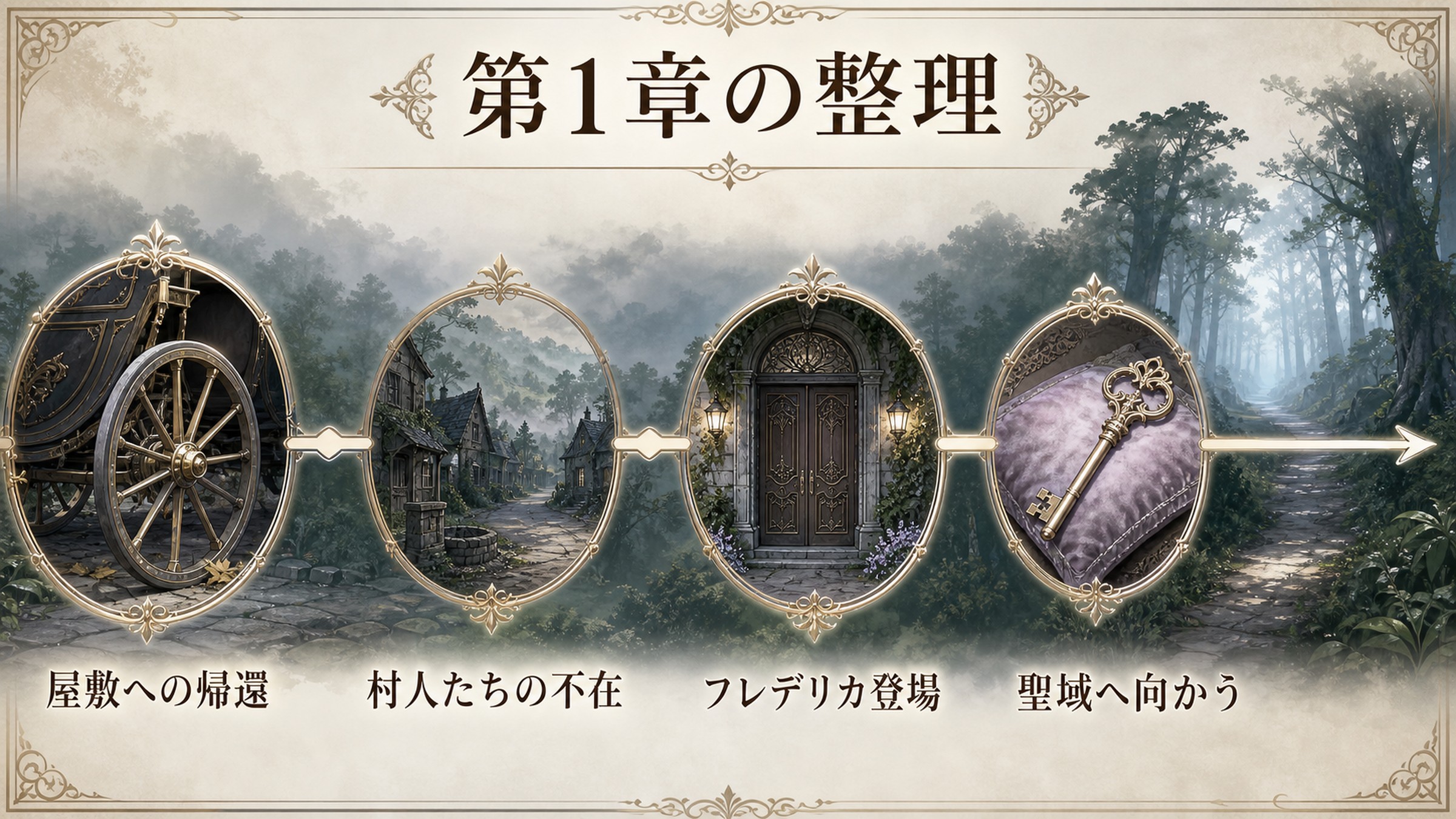 リゼロ小説10巻第1章を屋敷への帰還、村人たちの不在、フレデリカ登場、聖域へ向かうで整理した図解