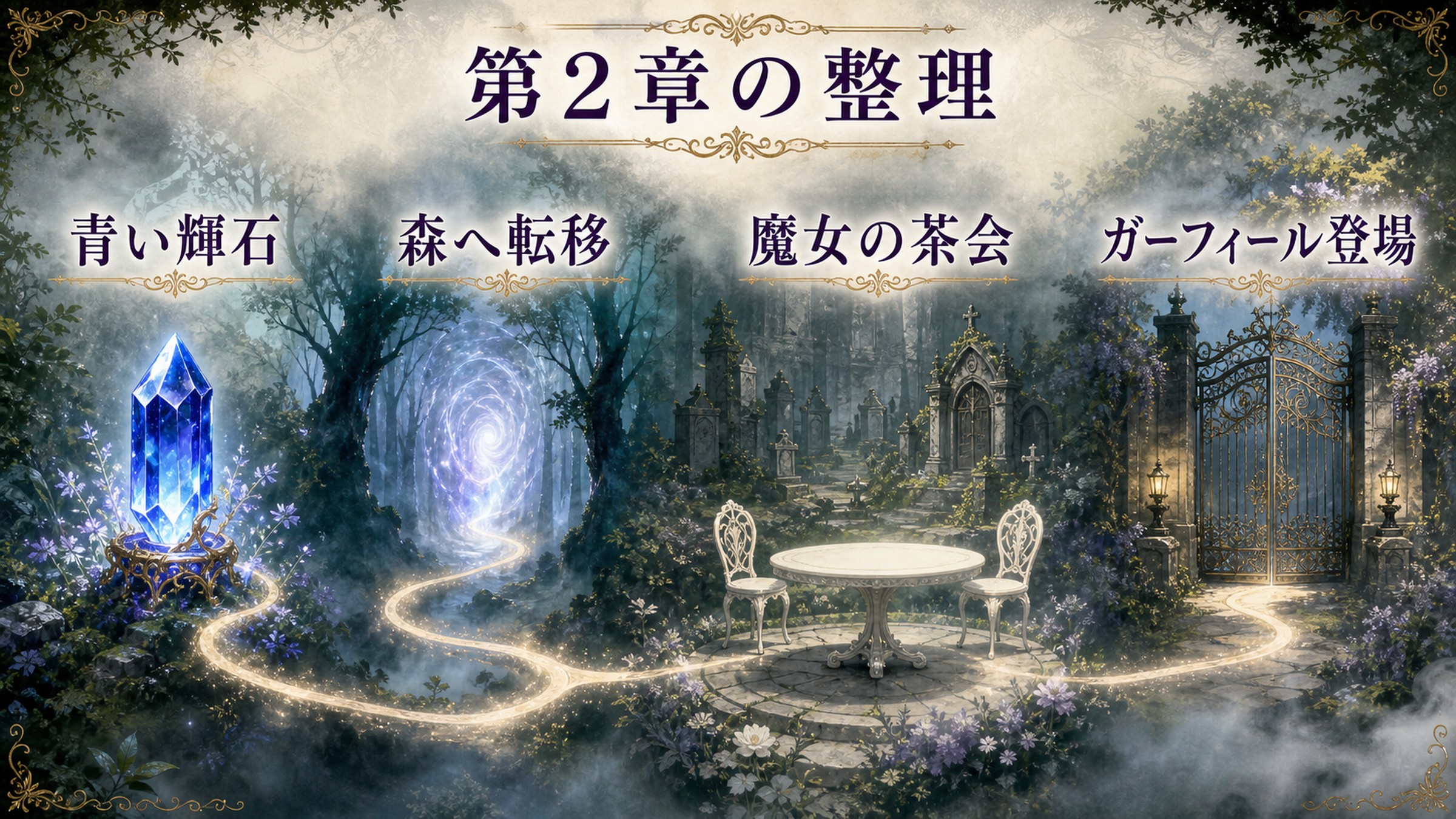 リゼロ小説10巻第2章を青い輝石、森へ転移、魔女の茶会、ガーフィール登場で整理した図解