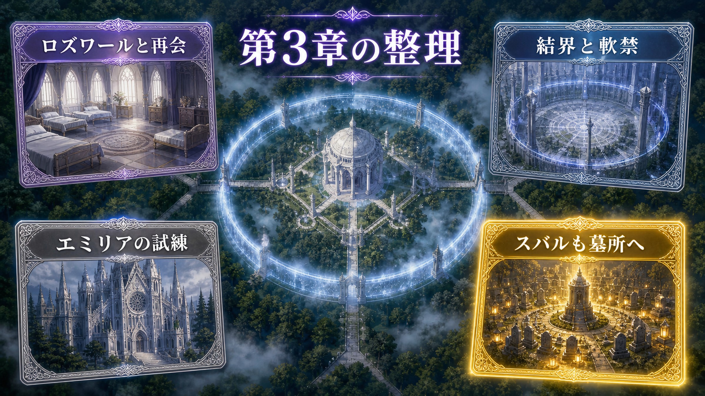 リゼロ小説10巻第3章をロズワールと再会、結界と軟禁、エミリアの試練、スバルも墓所へで整理した図解