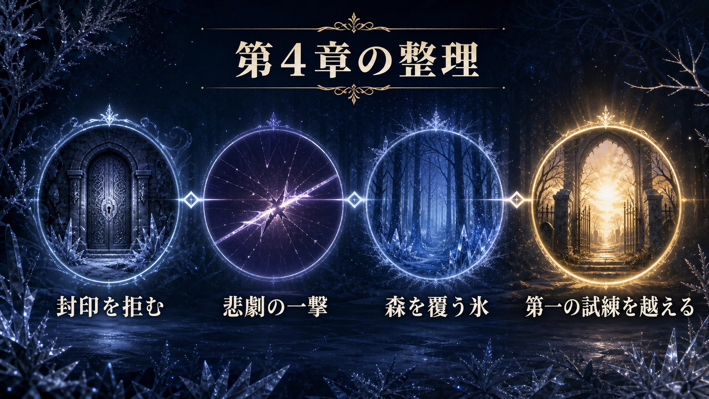 リゼロ小説14巻第4章を封印を拒む、悲劇の一撃、森を覆う氷、第一の試練を越えるで整理した図解