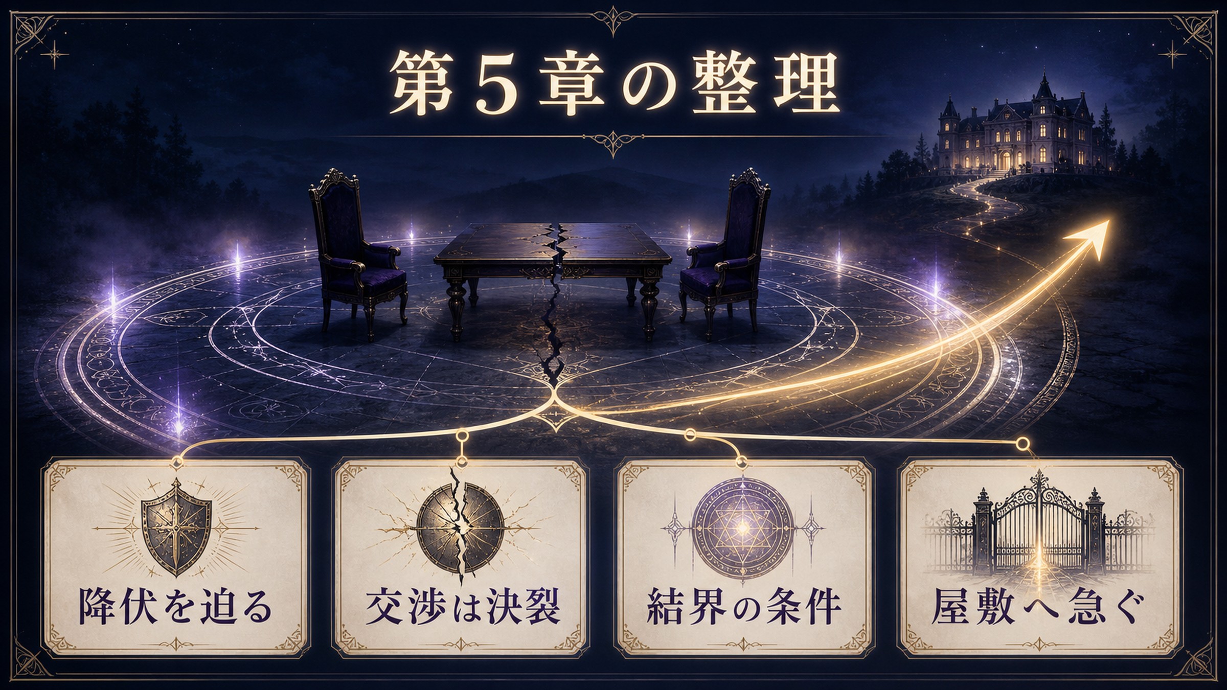 リゼロ小説14巻第5章を降伏を迫る、交渉は決裂、結界の条件、屋敷へ急ぐで整理した図解