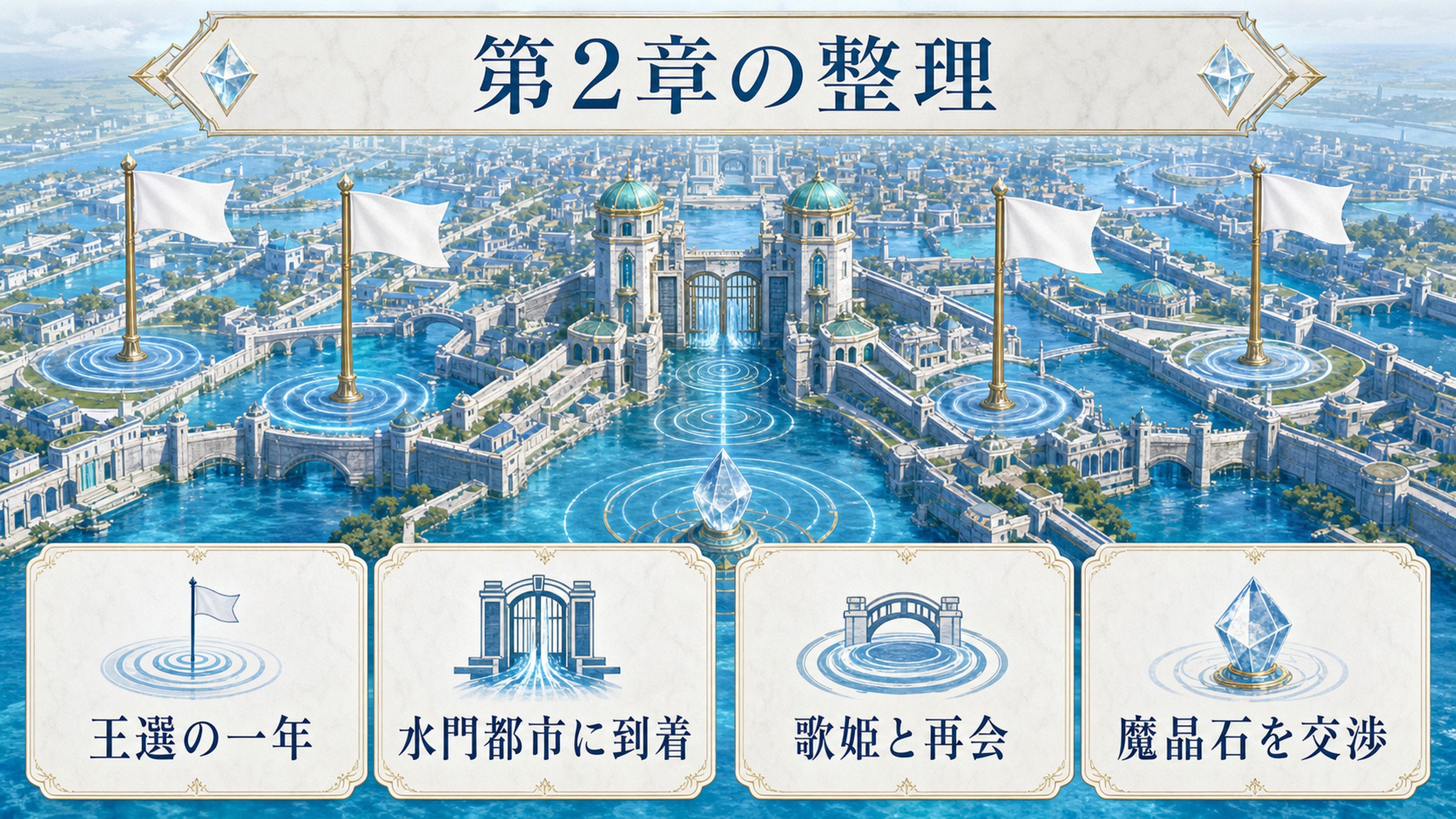 リゼロ小説16巻第2章を王選の一年、水門都市到着、歌姫との再会、魔晶石の交渉で整理した図解