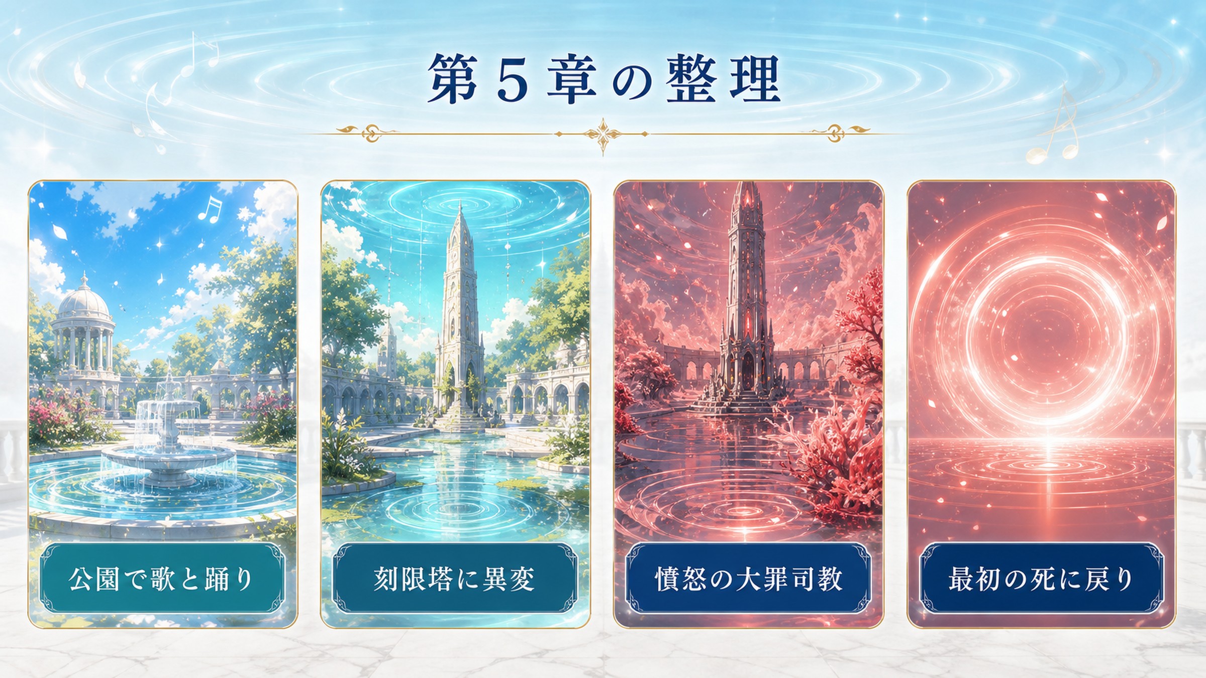 リゼロ小説16巻第5章を公園の歌と踊り、刻限塔の異変、憤怒の大罪司教、最初の死に戻りで整理した図解