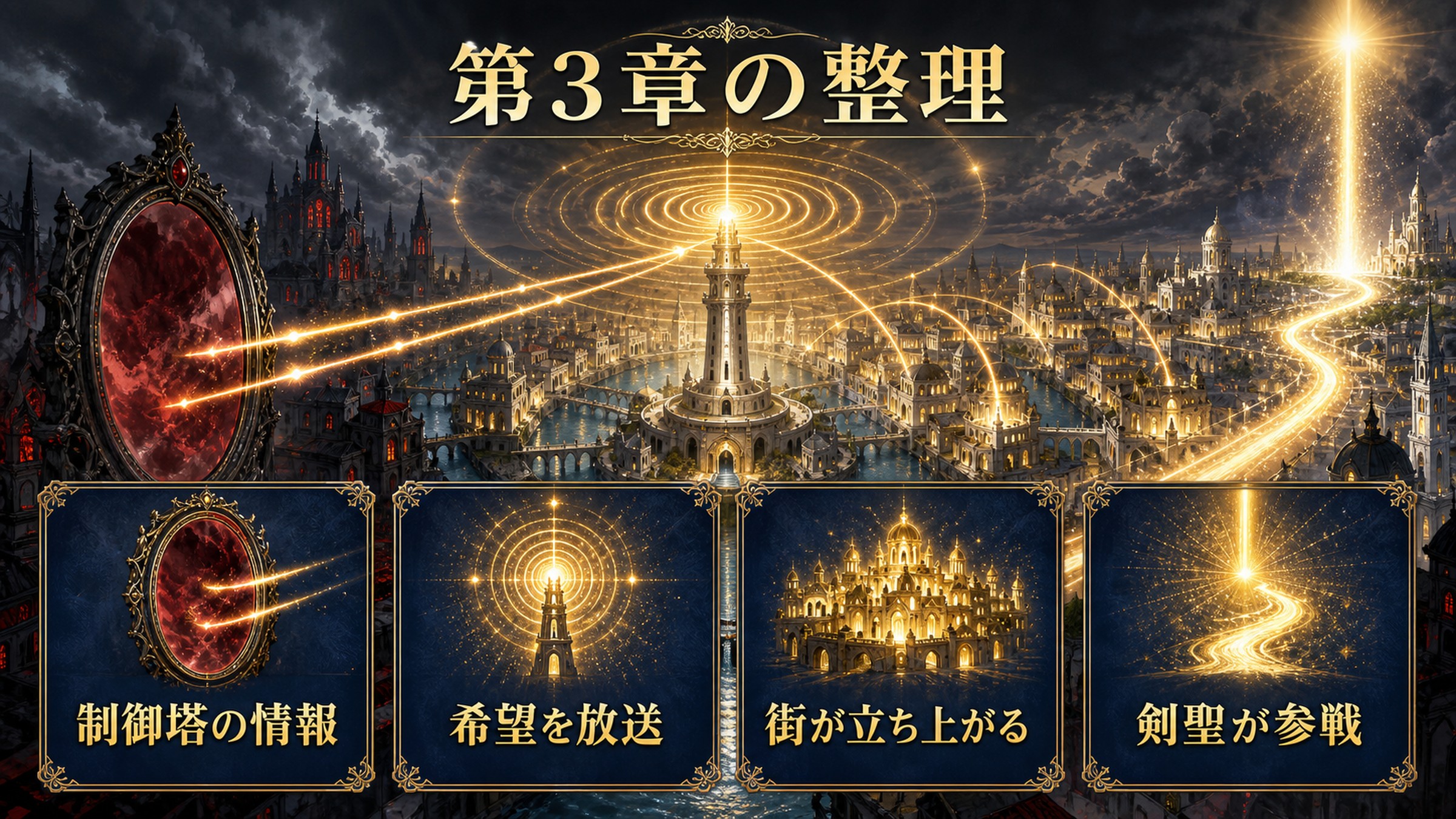 リゼロ小説18巻第3章を制御塔の情報、希望の放送、街の奮起、剣聖参戦で整理した図解