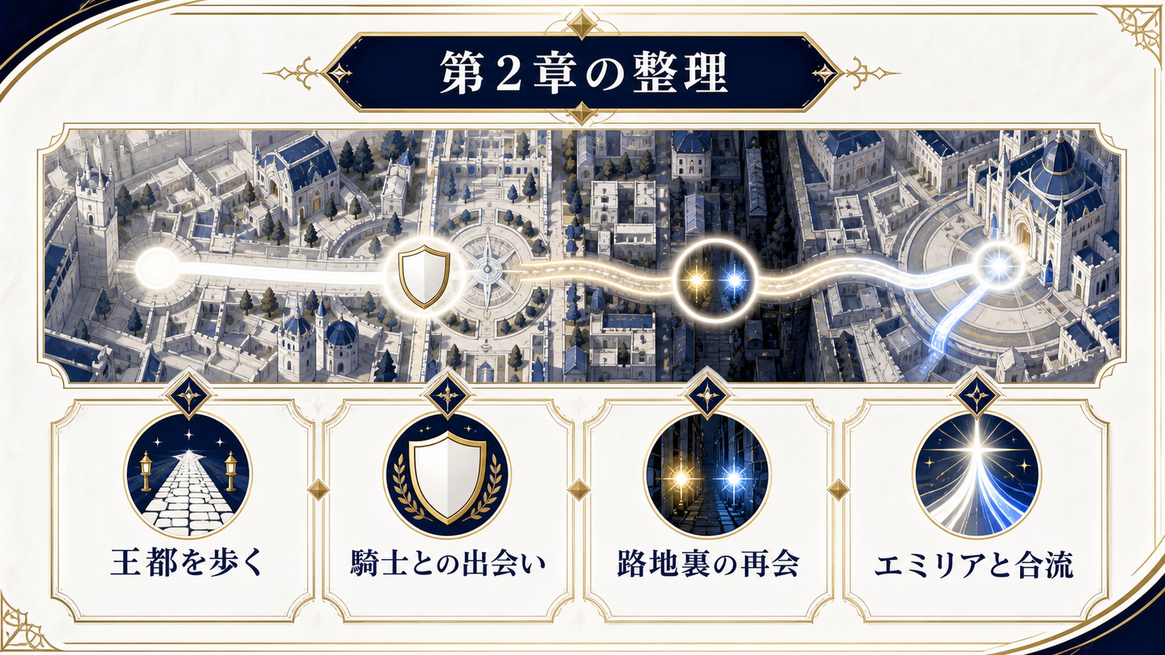 リゼロ小説4巻第2章を王都を歩く、騎士との出会い、路地裏の再会、エミリアと合流で整理した図解