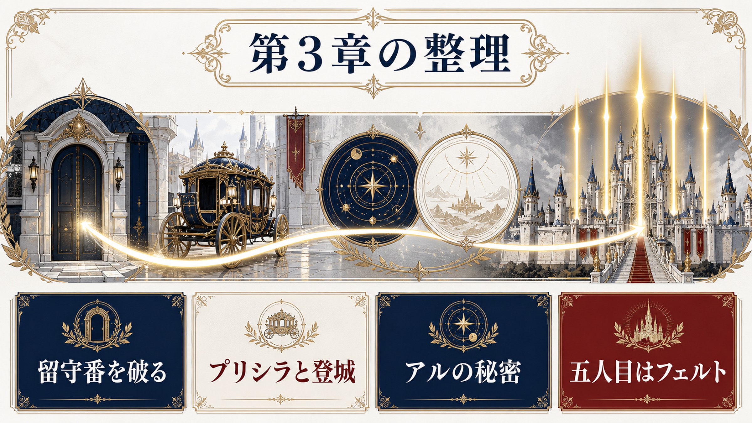 リゼロ小説4巻第3章を留守番を破る、プリシラと登城、アルの秘密、五人目はフェルトで整理した図解