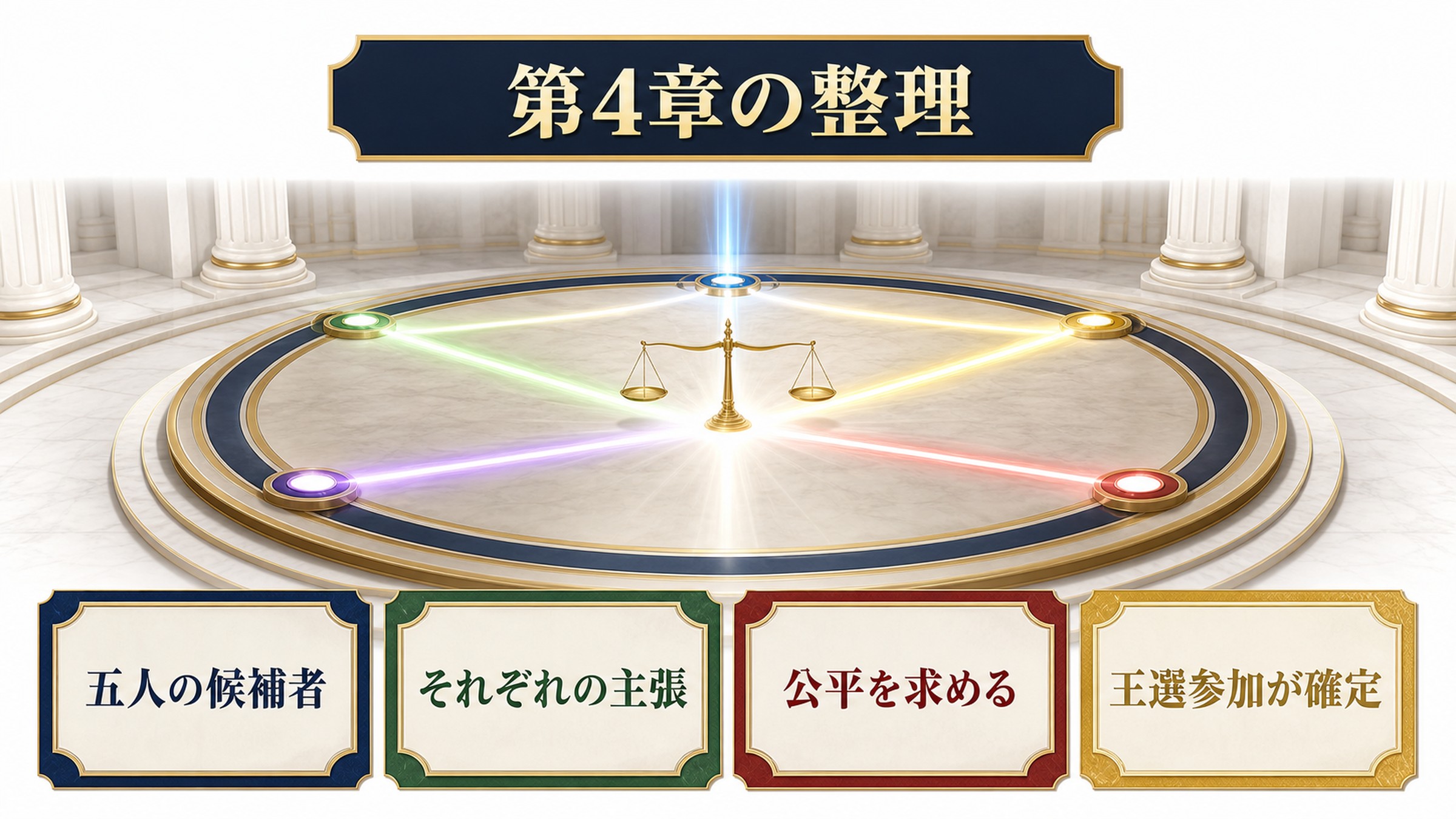 リゼロ小説4巻第4章を五人の候補者、それぞれの主張、公平を求める、王選参加が確定で整理した図解