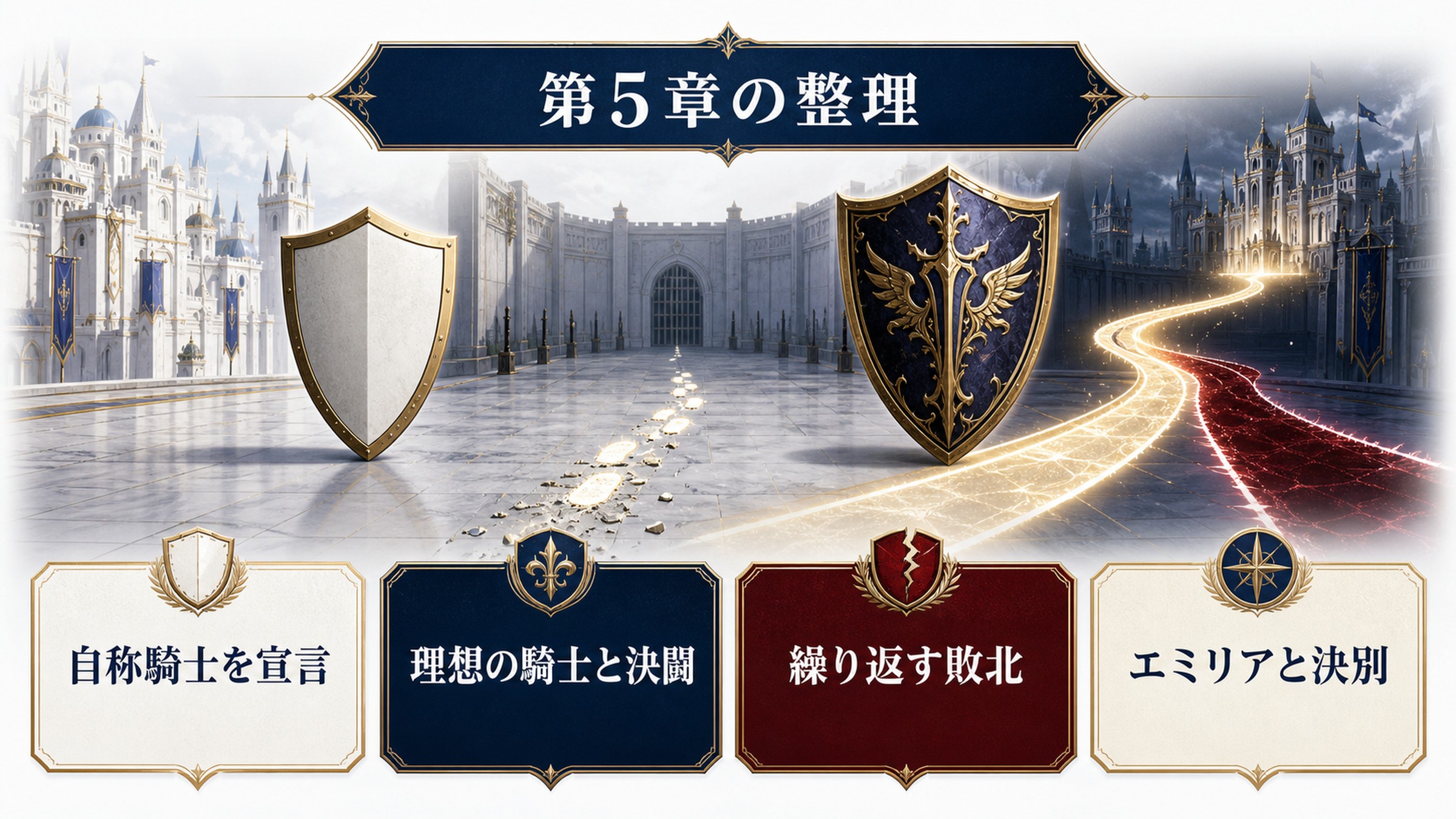 リゼロ小説4巻第5章を自称騎士を宣言、理想の騎士と決闘、繰り返す敗北、エミリアと決別で整理した図解