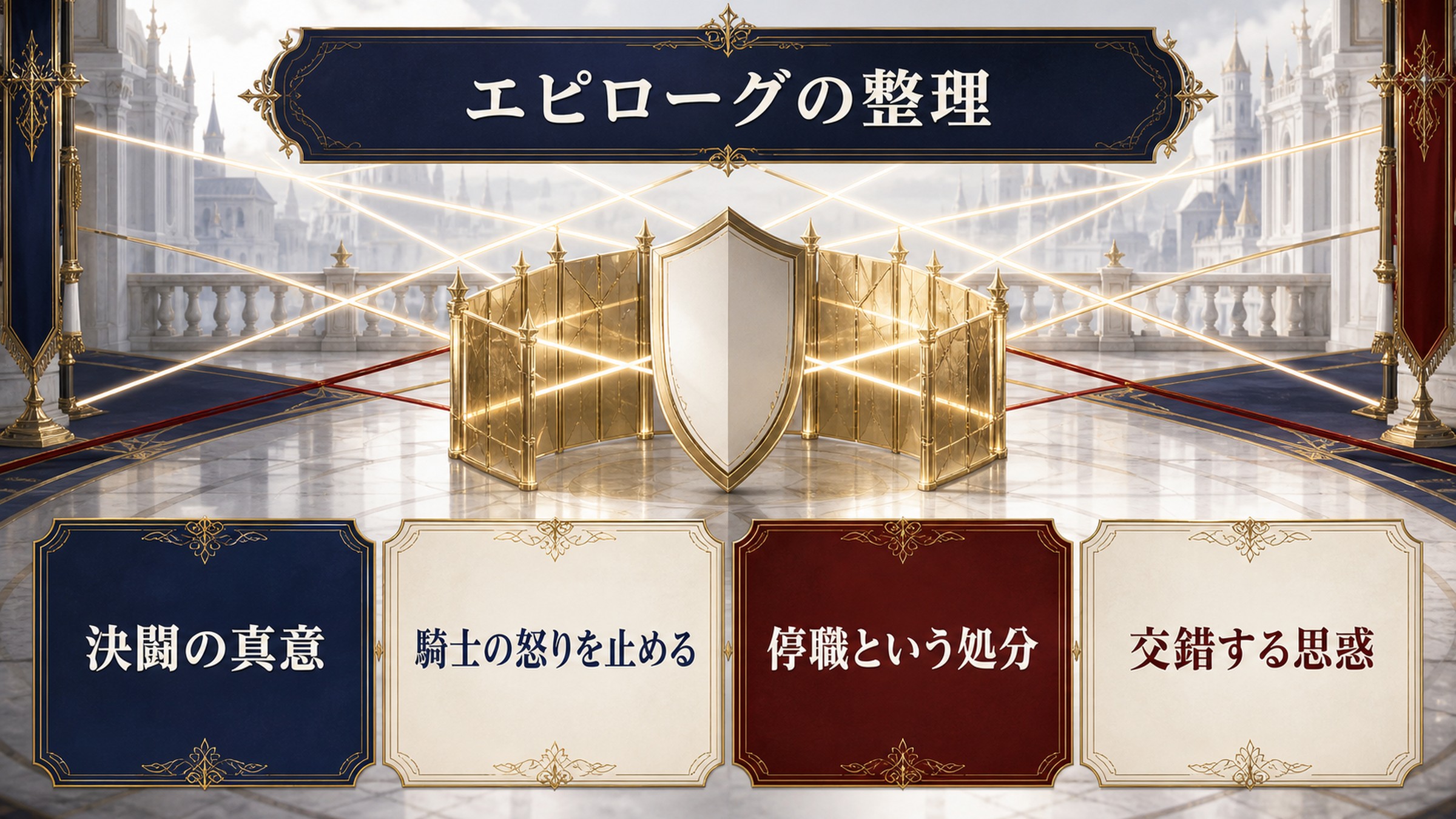 リゼロ小説4巻エピローグを決闘の真意、騎士の怒りを止める、停職という処分、交錯する思惑で整理した図解