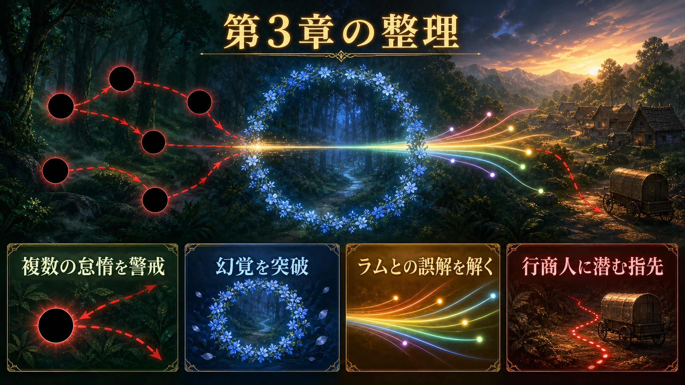 リゼロ小説8巻第3章を複数の怠惰を警戒、幻覚を突破、ラムとの誤解を解く、行商人に潜む指先で整理した図解