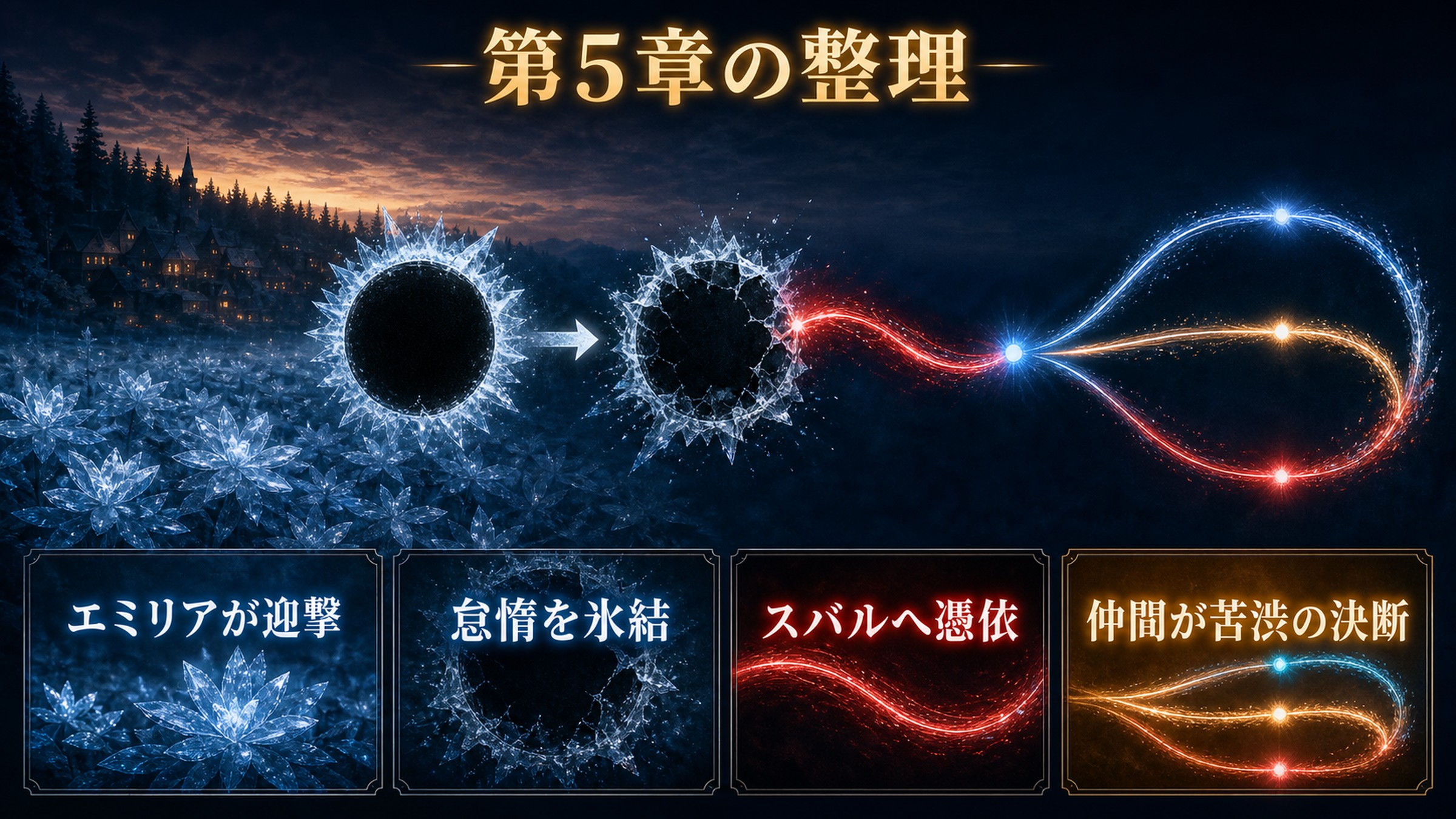 リゼロ小説8巻第5章をエミリアが迎撃、怠惰を氷結、スバルへ憑依、仲間が苦渋の決断で整理した図解