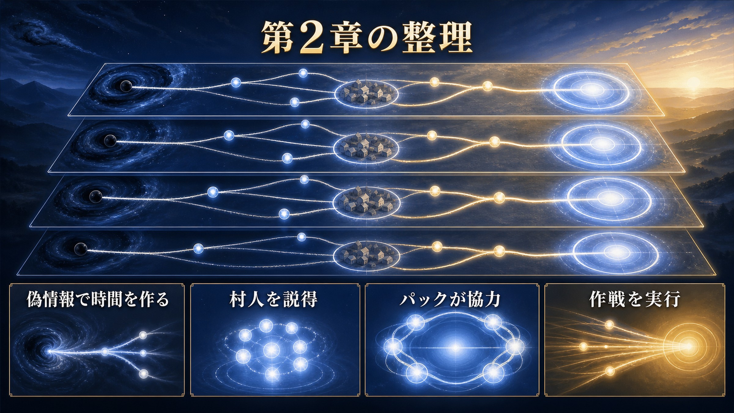 リゼロ小説9巻第2章を偽情報で時間を作る、村人を説得、パックが協力、作戦を実行で整理した図解