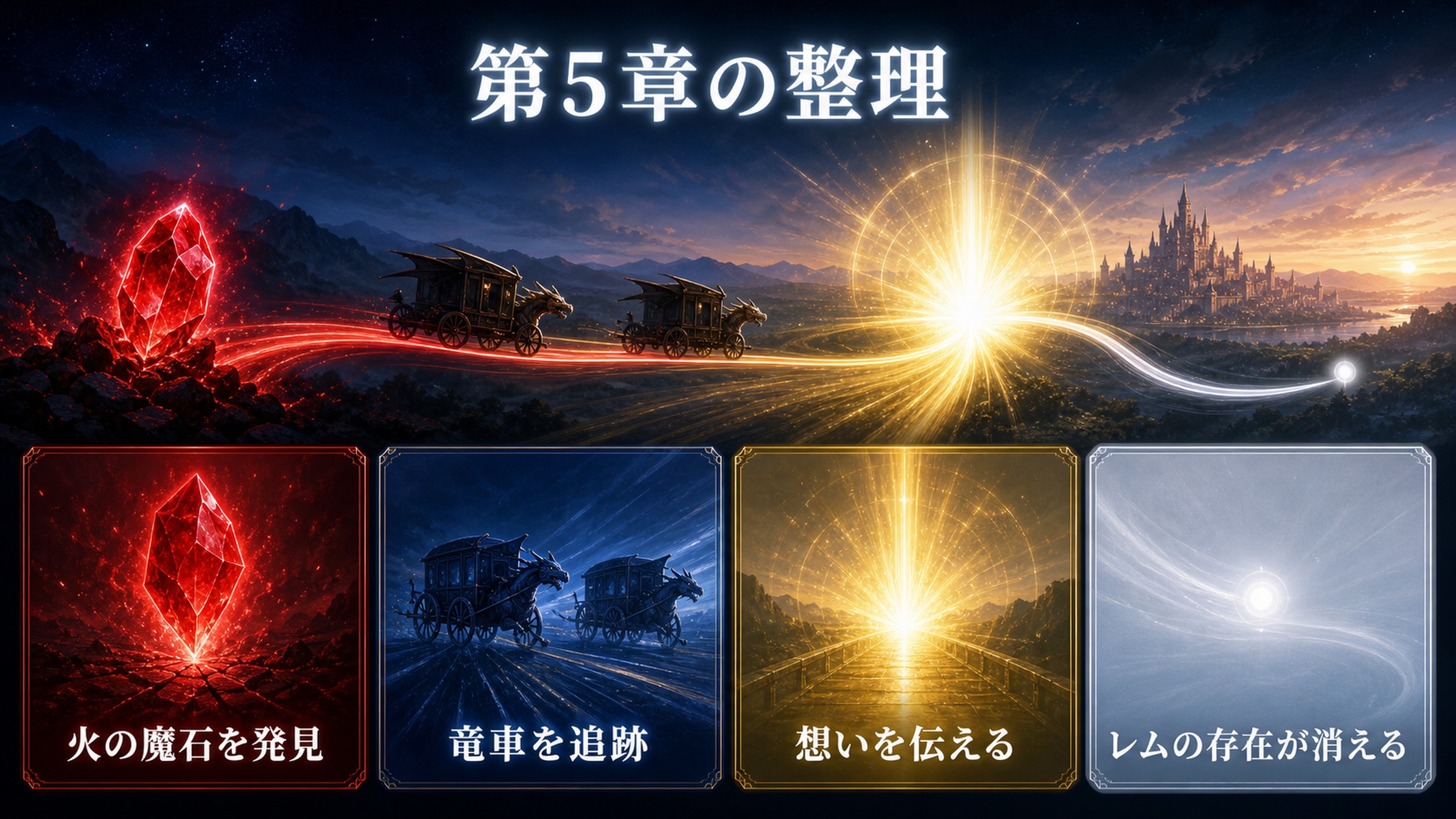 リゼロ小説9巻第5章を火の魔石を発見、竜車を追跡、想いを伝える、レムの存在が消えるで整理した図解