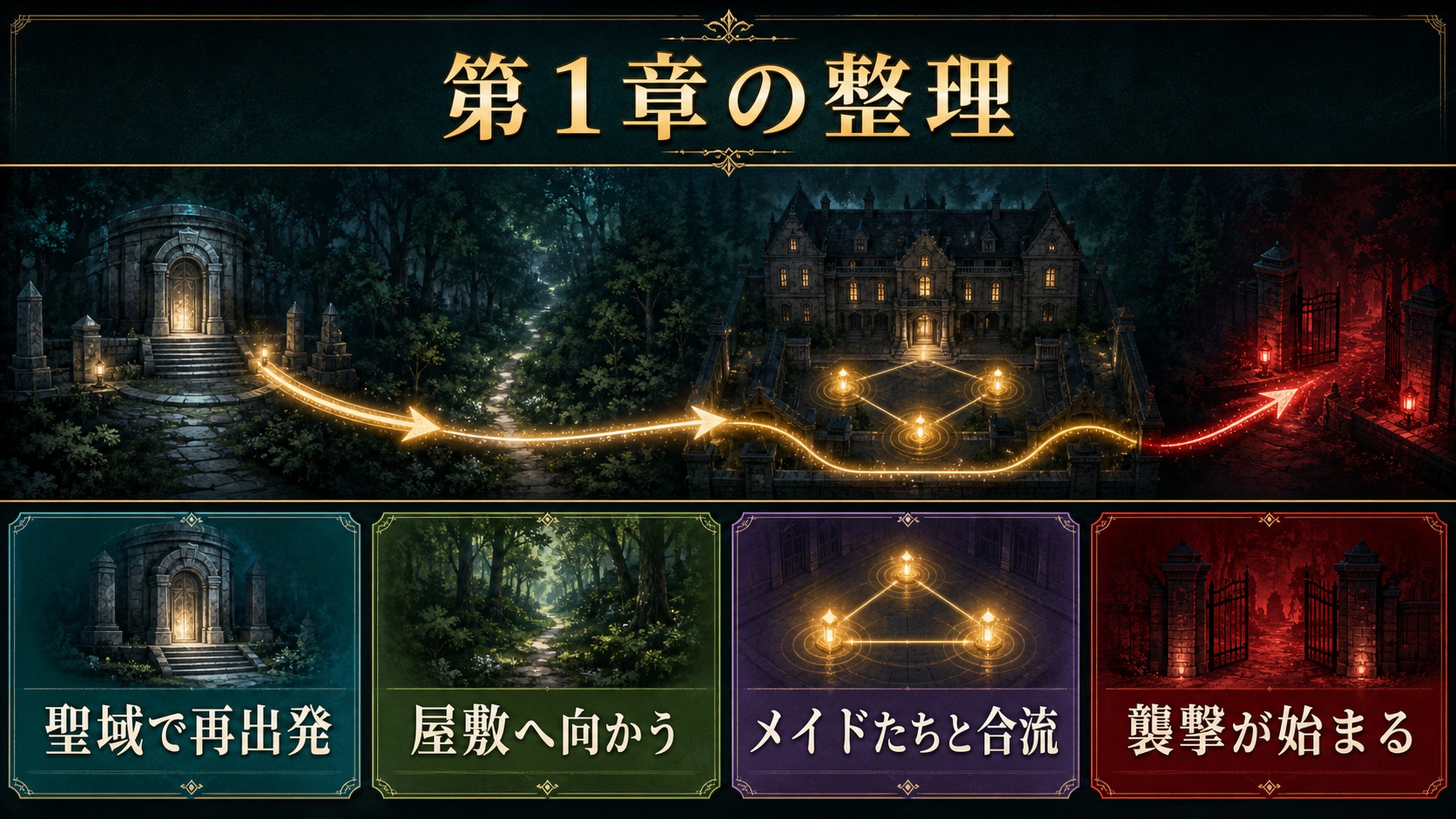 リゼロ小説11巻第1章を聖域で再出発、屋敷へ向かう、メイドたちと合流、襲撃が始まるで整理した図解