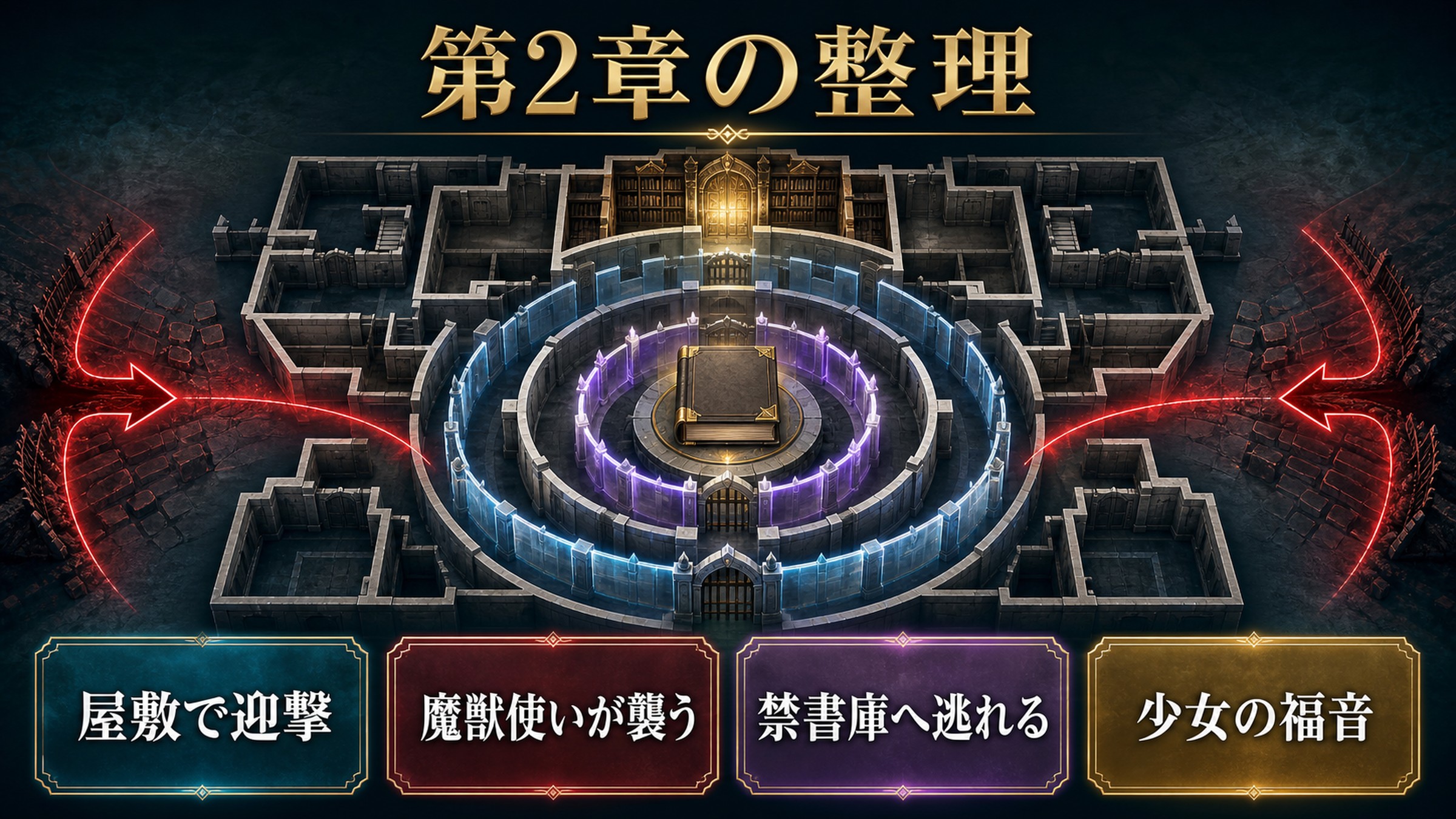 リゼロ小説11巻第2章を屋敷で迎撃、魔獣使いが襲う、禁書庫へ逃れる、少女の福音で整理した図解