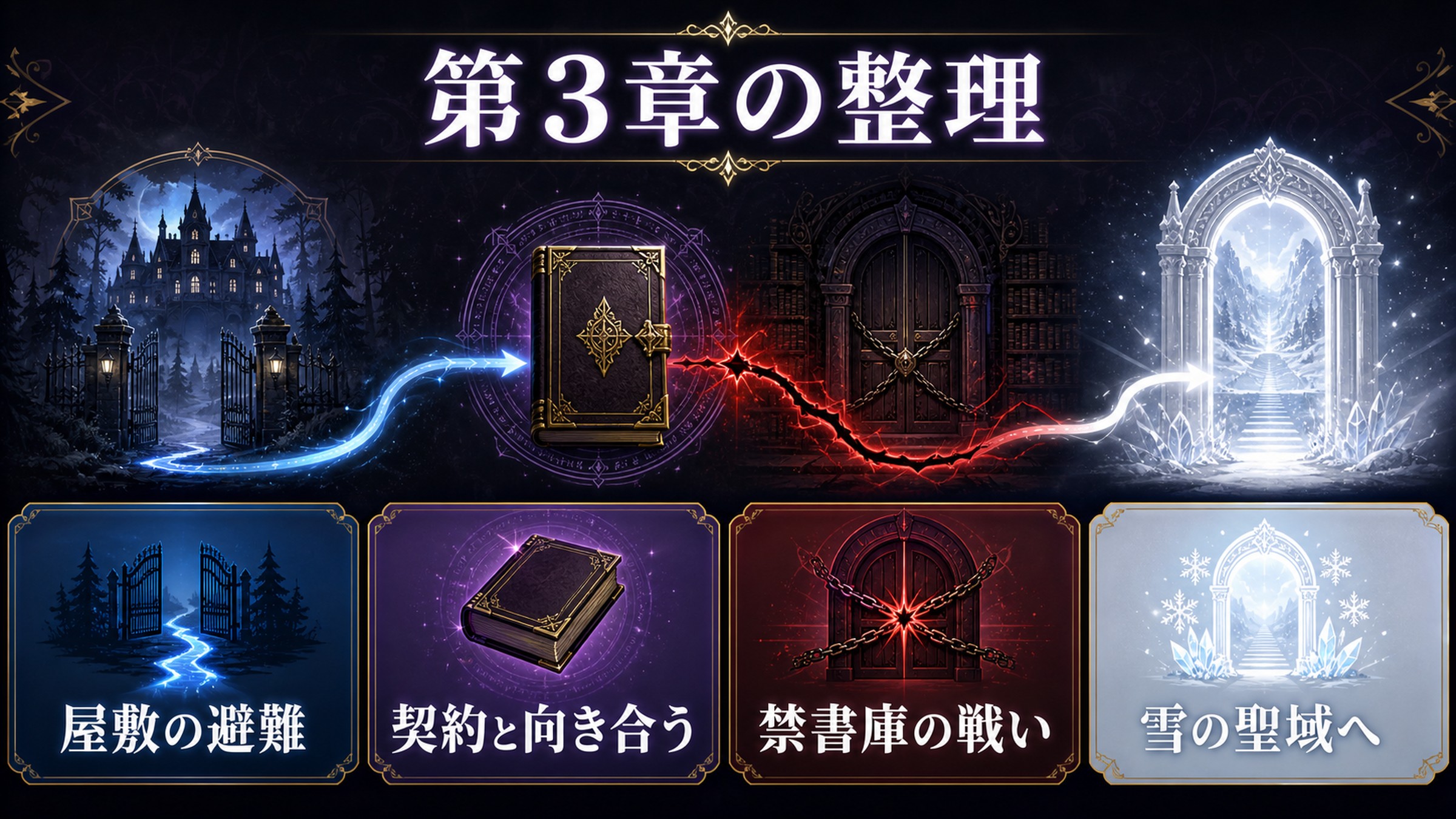 リゼロ小説12巻第3章を屋敷の避難、契約と向き合う、禁書庫の戦い、雪の聖域へで整理した図解