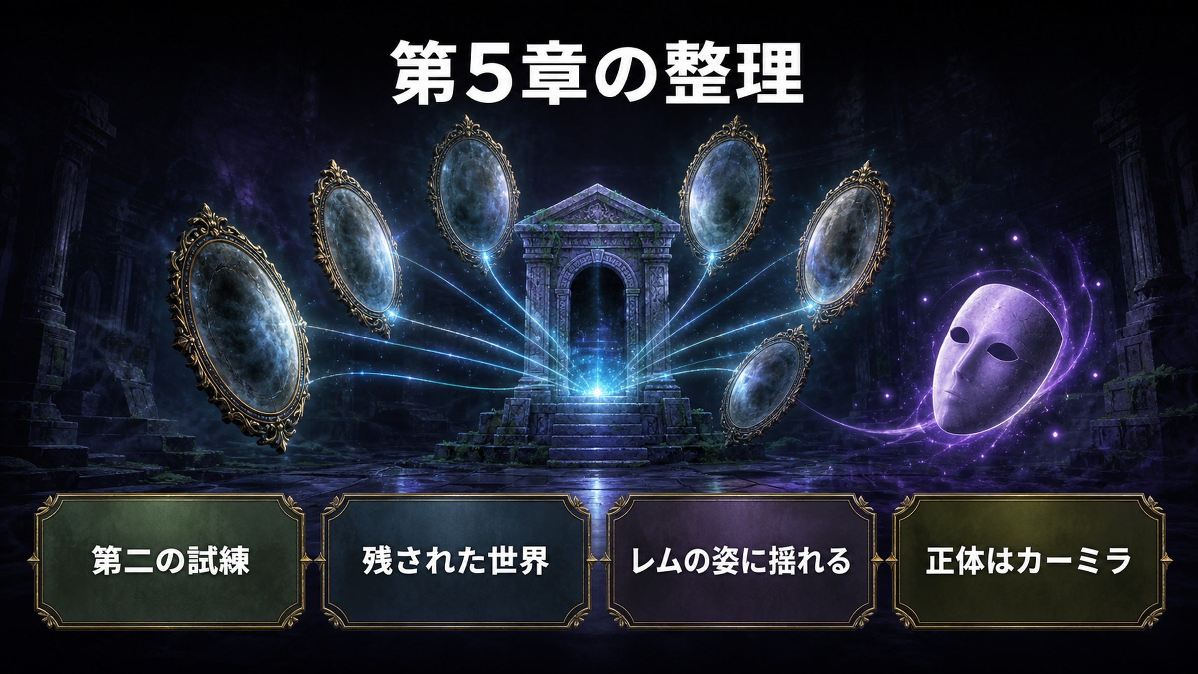 リゼロ小説12巻第5章を第二の試練、残された世界、レムの姿に揺れる、正体はカーミラで整理した図解