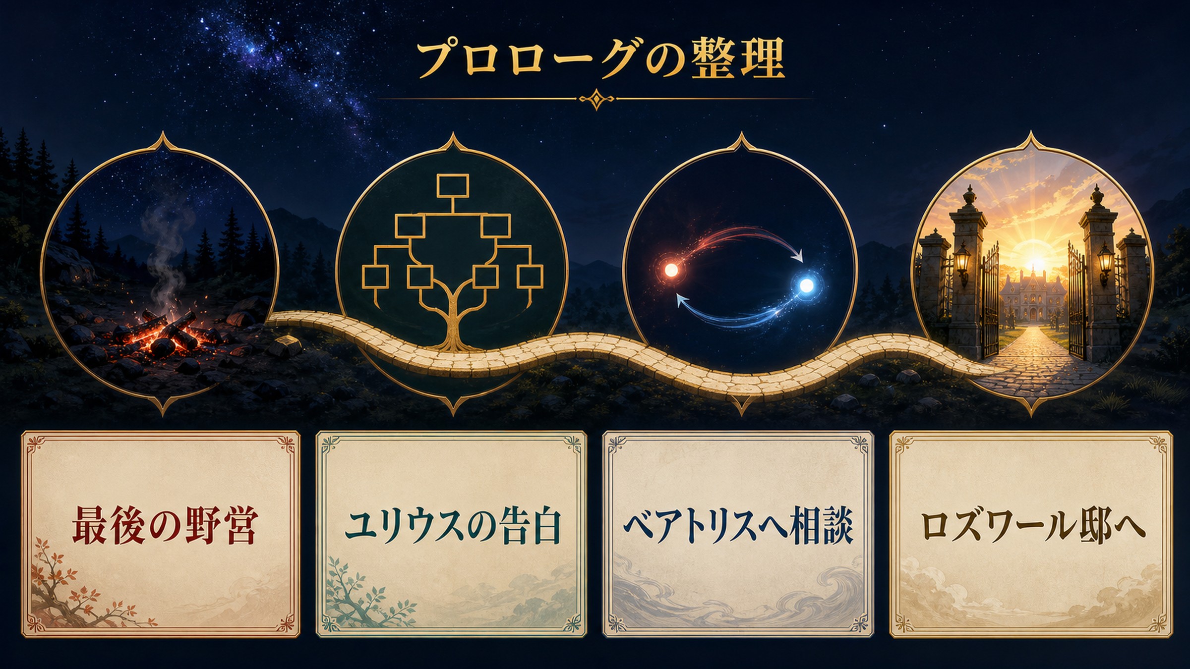 リゼロ小説21巻プロローグを最後の野営、ユリウスの告白、ベアトリスへの相談、ロズワール邸への帰還で整理した図解