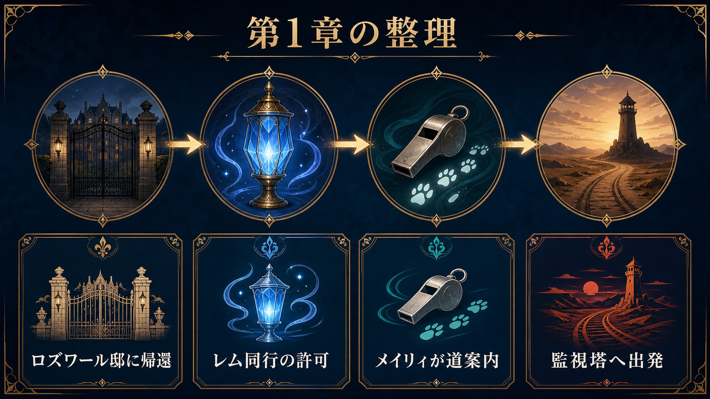 リゼロ小説21巻第1章をロズワール邸への帰還、レム同行の許可、メイリィの道案内、監視塔への出発で整理した図解